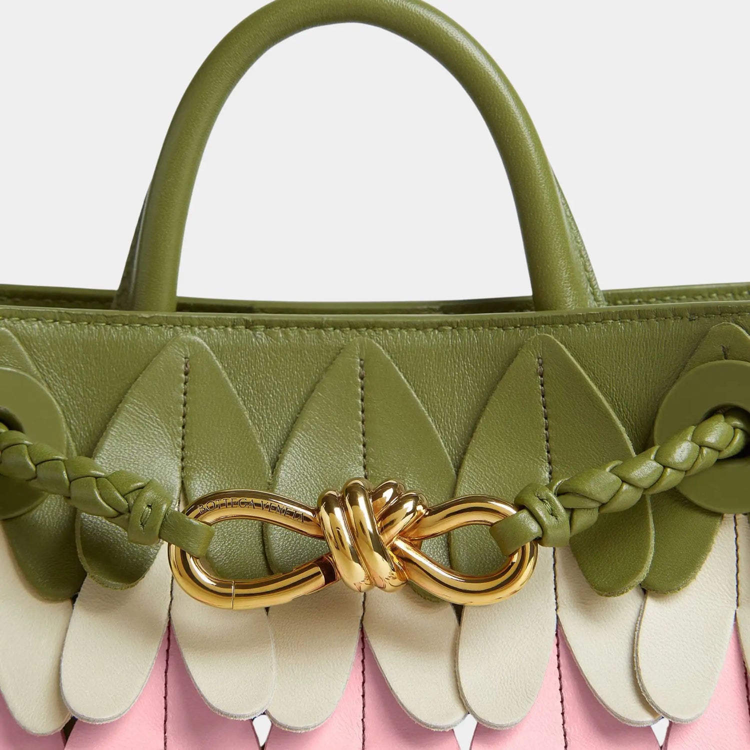 bottega Veneta Mini Andiamo Nappa leather With All-Over Heart Detailing, Matcha/rose petal/sea salt/lipstick, Closeup