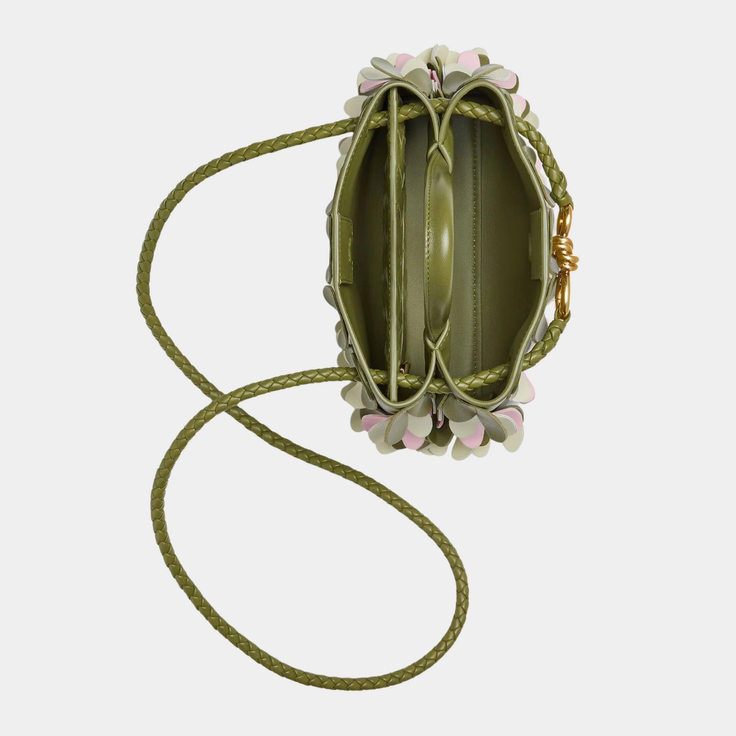 bottega Veneta Mini Andiamo Nappa leather With All-Over Heart Detailing, Matcha/rose petal/sea salt/lipstick, Top