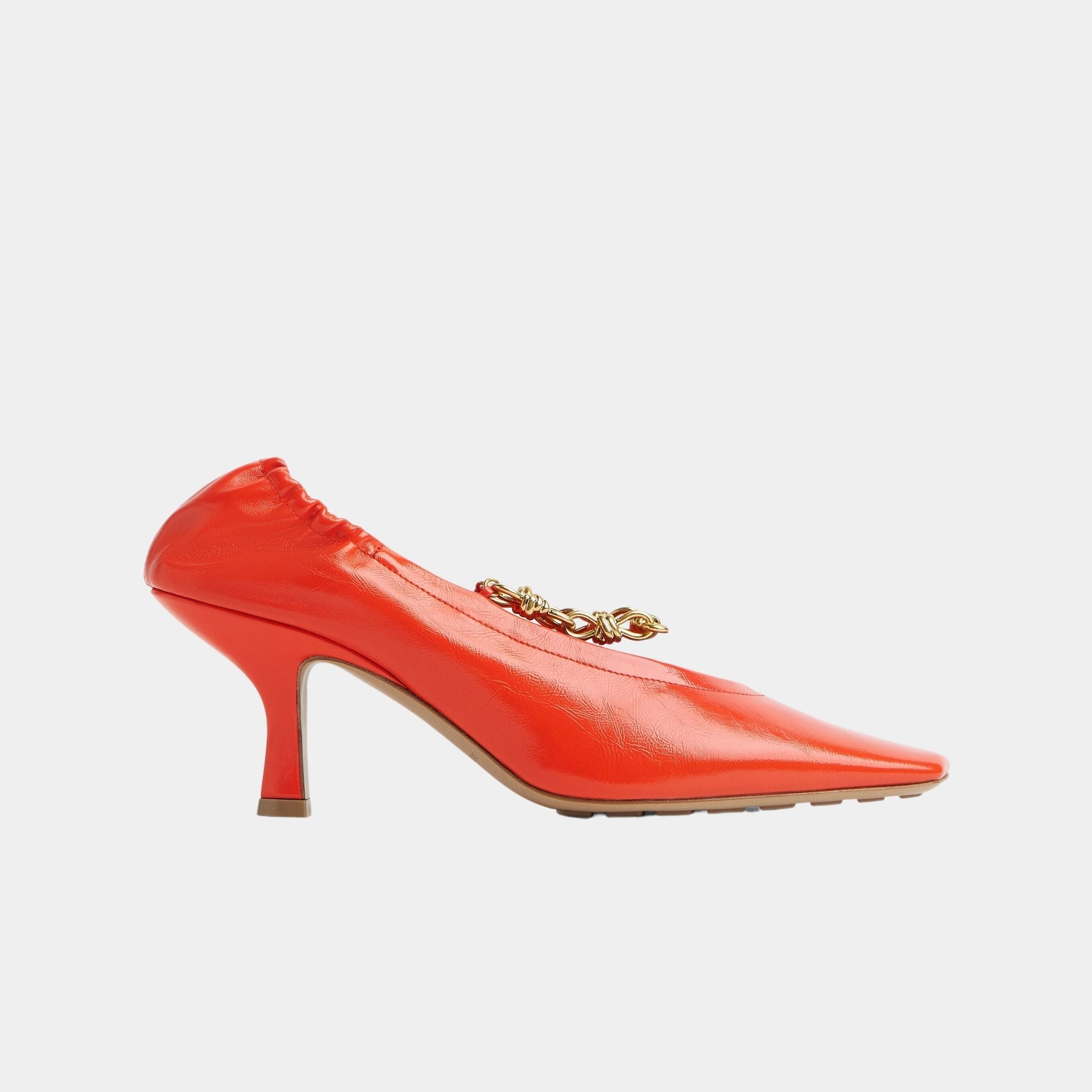 Bottega Veneta Sharp Chain Crinkled Calfskin Pump, New Orange, Side