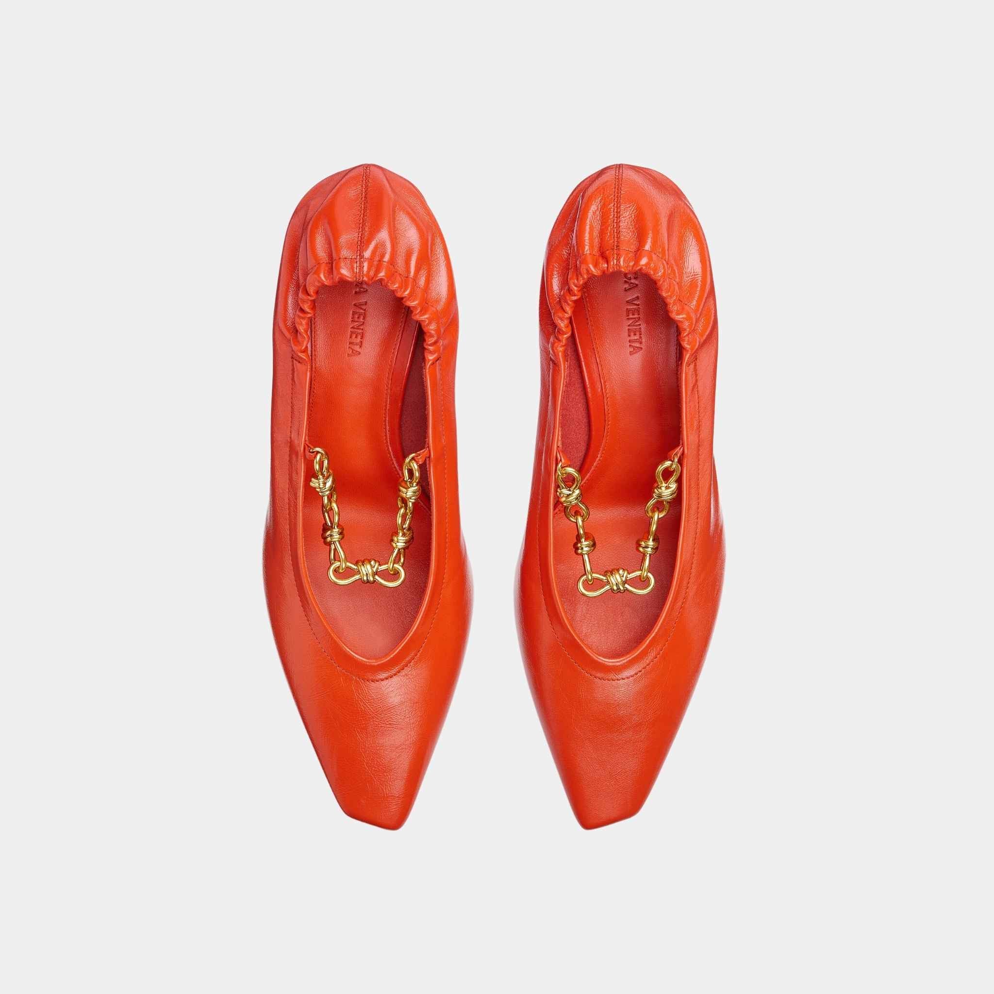 Bottega Veneta Sharp Chain Crinkled Calfskin Pump, New Orange, Top