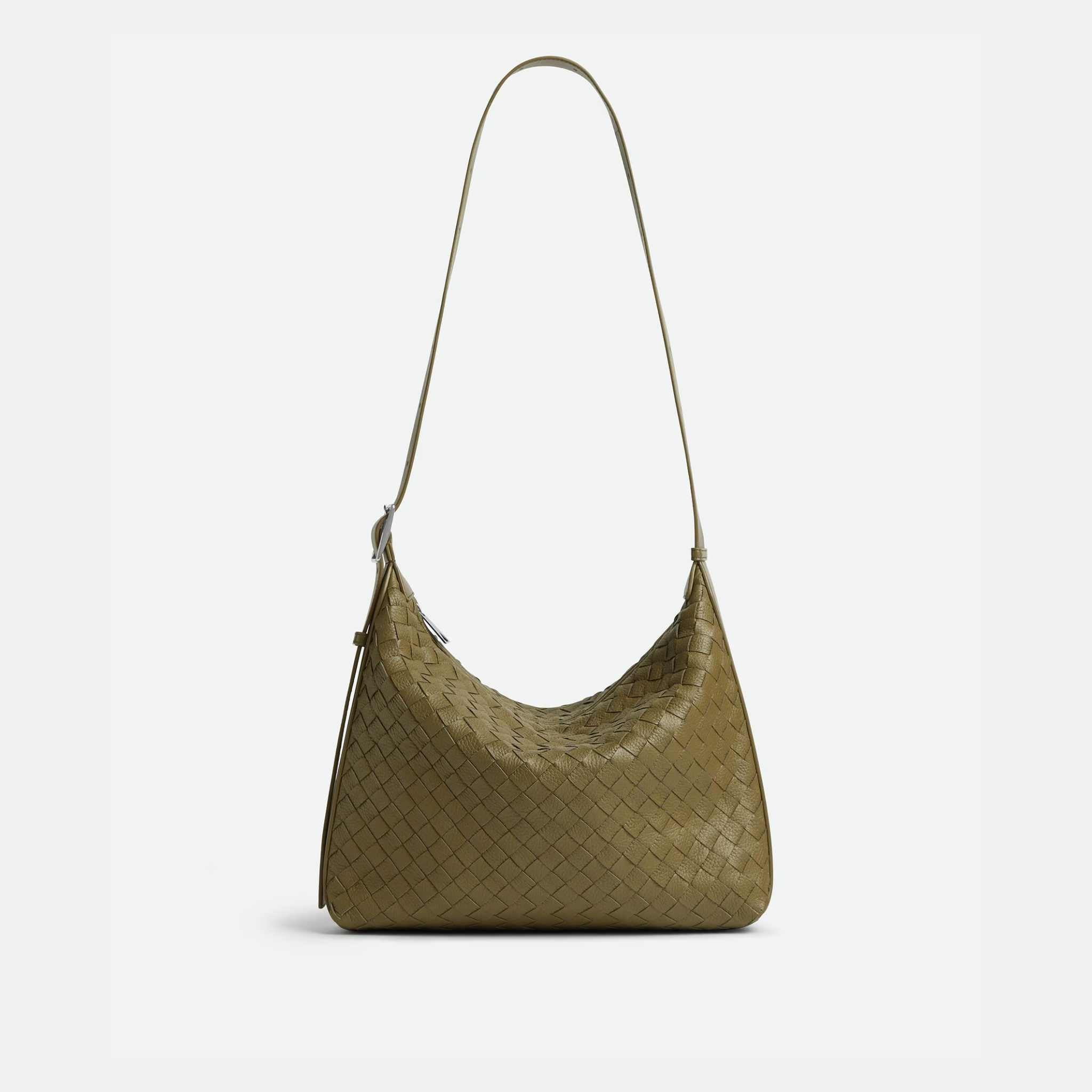 Bottega Veneta Small Traveler Hobo Bag In Intrecciato Deer Skin, Algae, Front