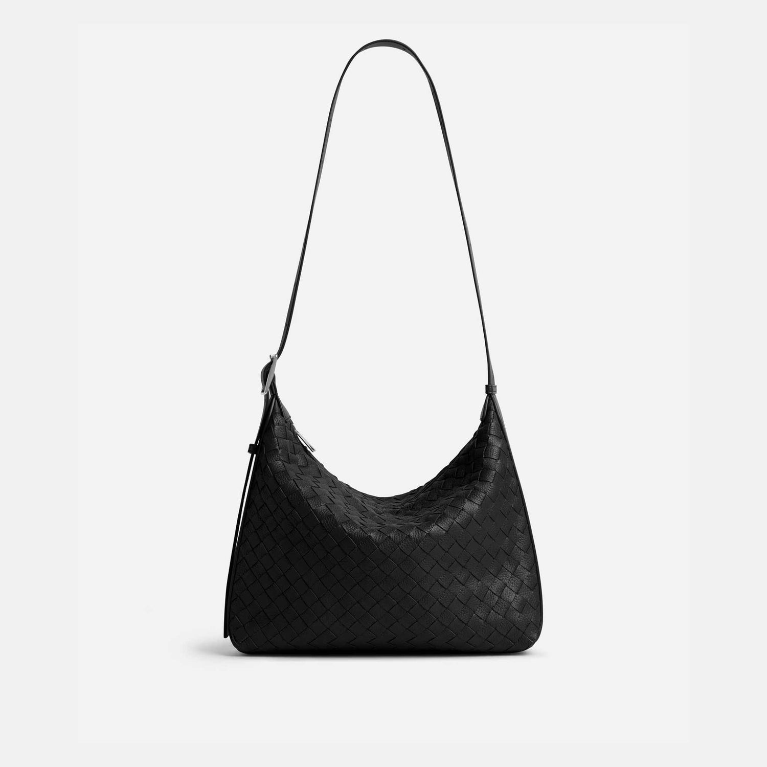 Bottega Veneta Small Traveler Hobo Bag In Intrecciato Deer Skin, Black, Front