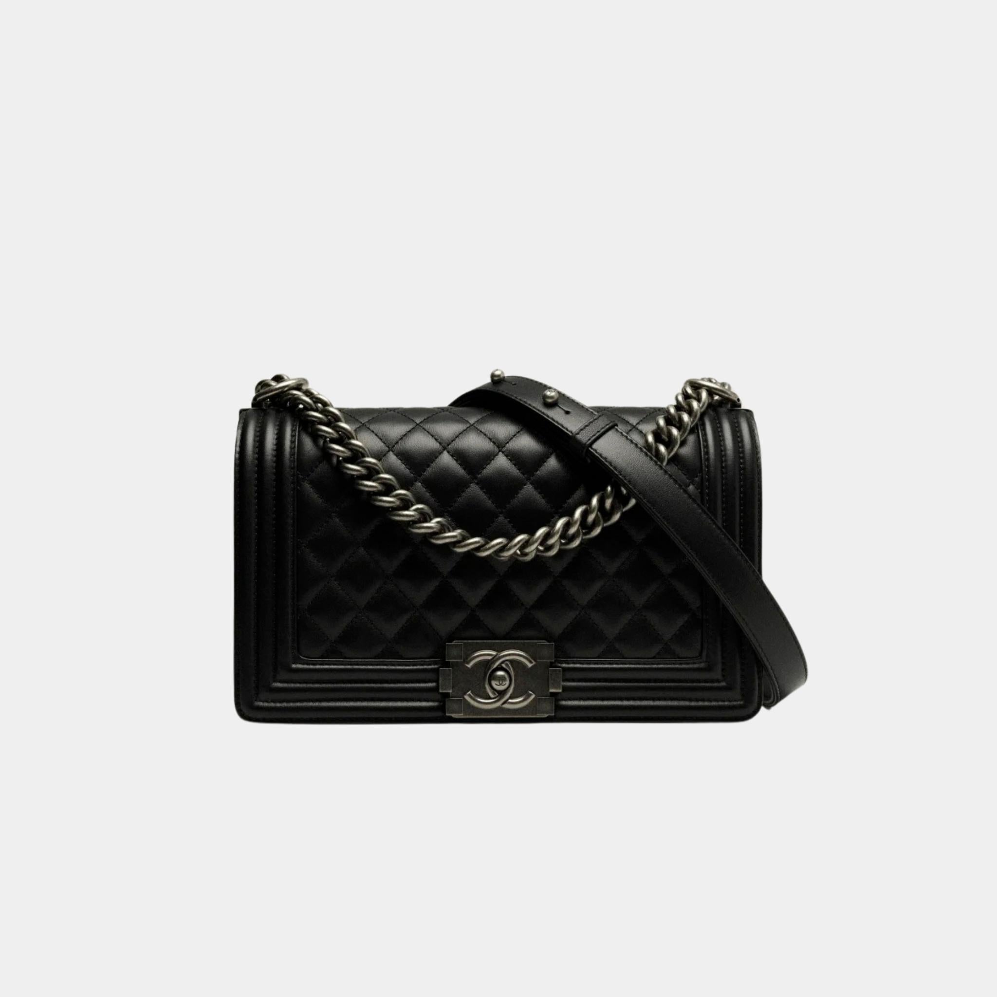 BOY CHANEL Handbag Calfskin Ruthenium-Finish Metal Black, Front