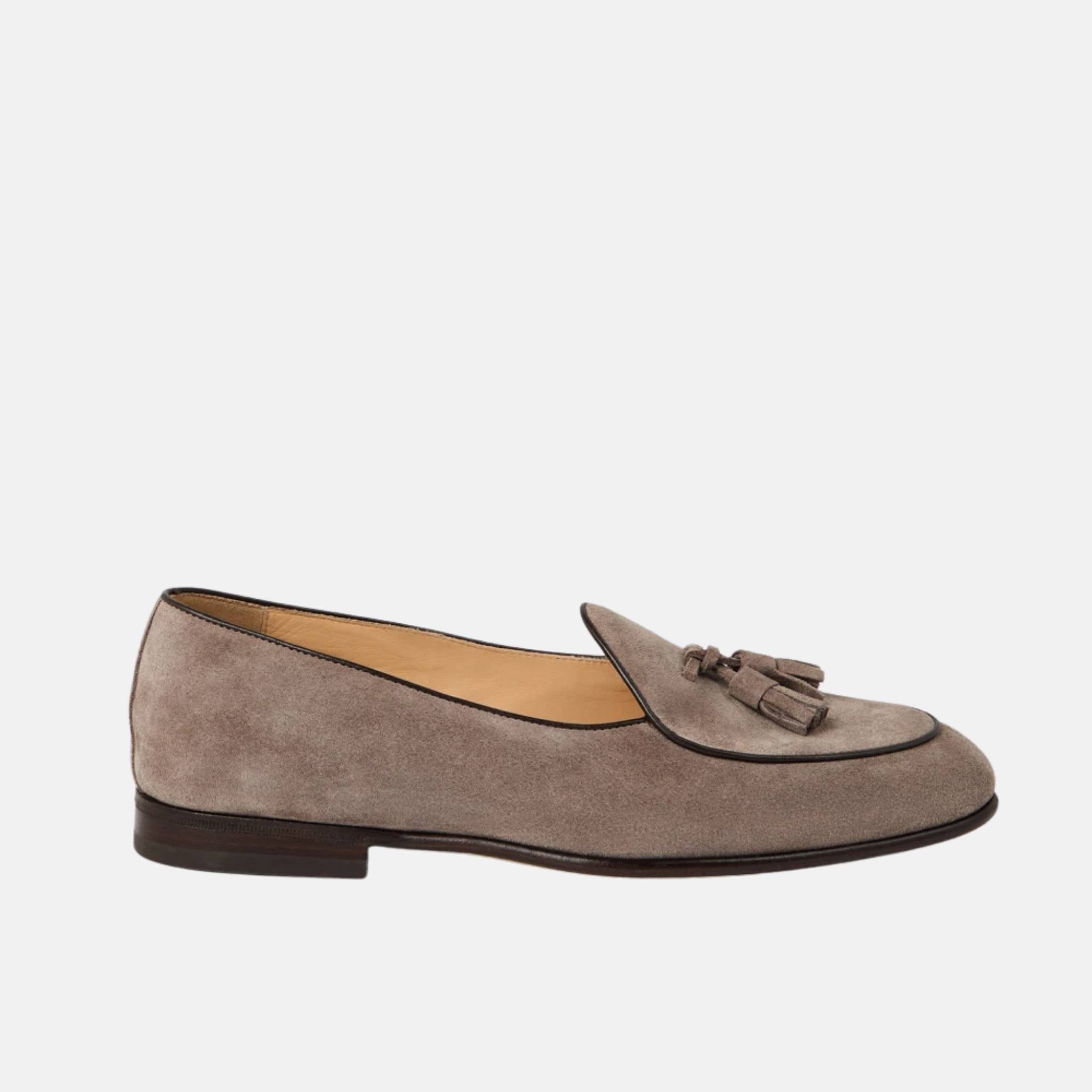 Brunello Cucinelli Suede Belgian Loafers With Tassels, Grey, Side