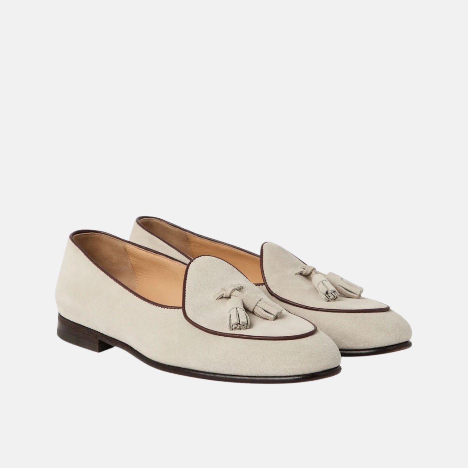 Brunello Cucinelli Suede Belgian Loafers With Tassels, Oat, Front