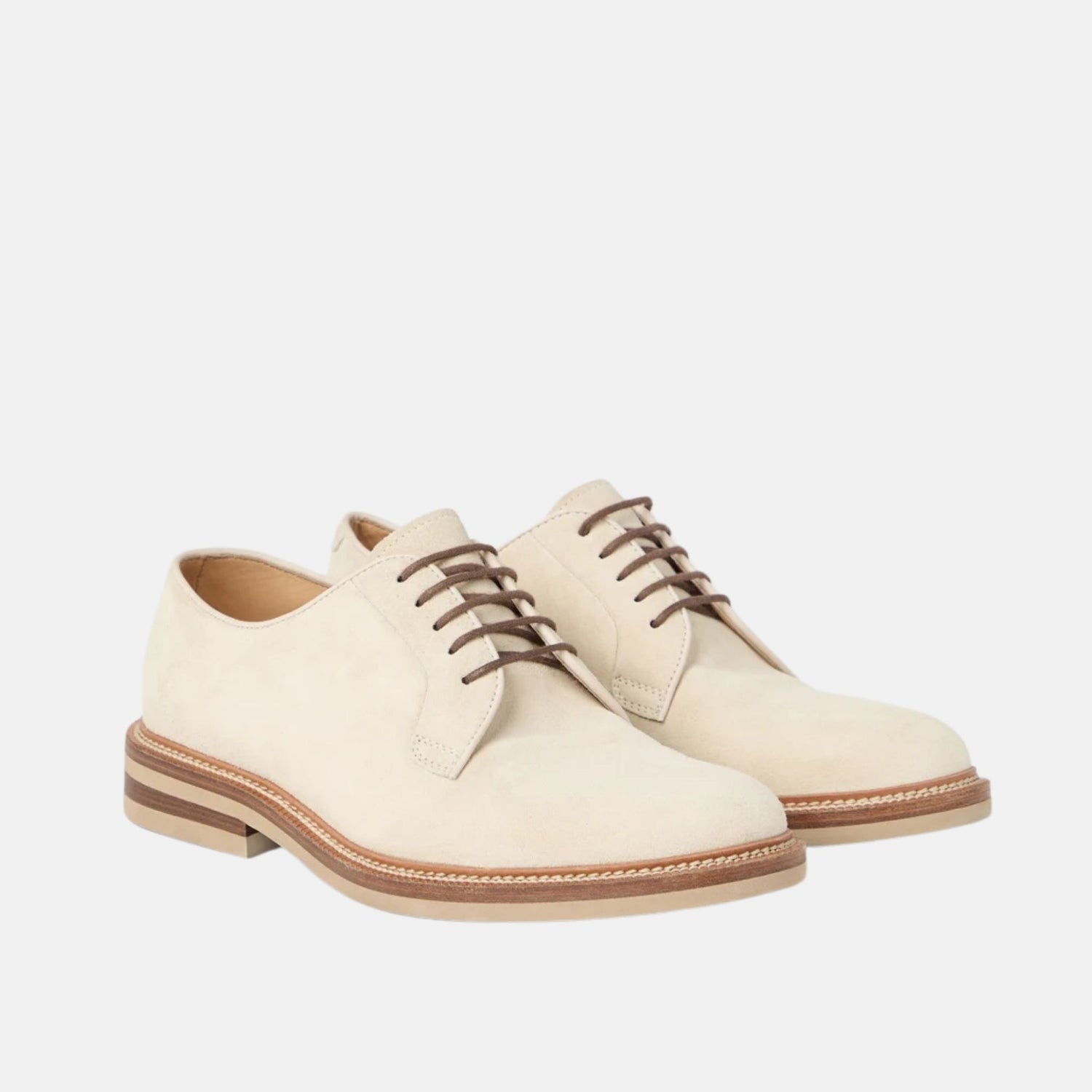 Brunello Cucinelli Suede Leather Derby Shoes, Beige, Front