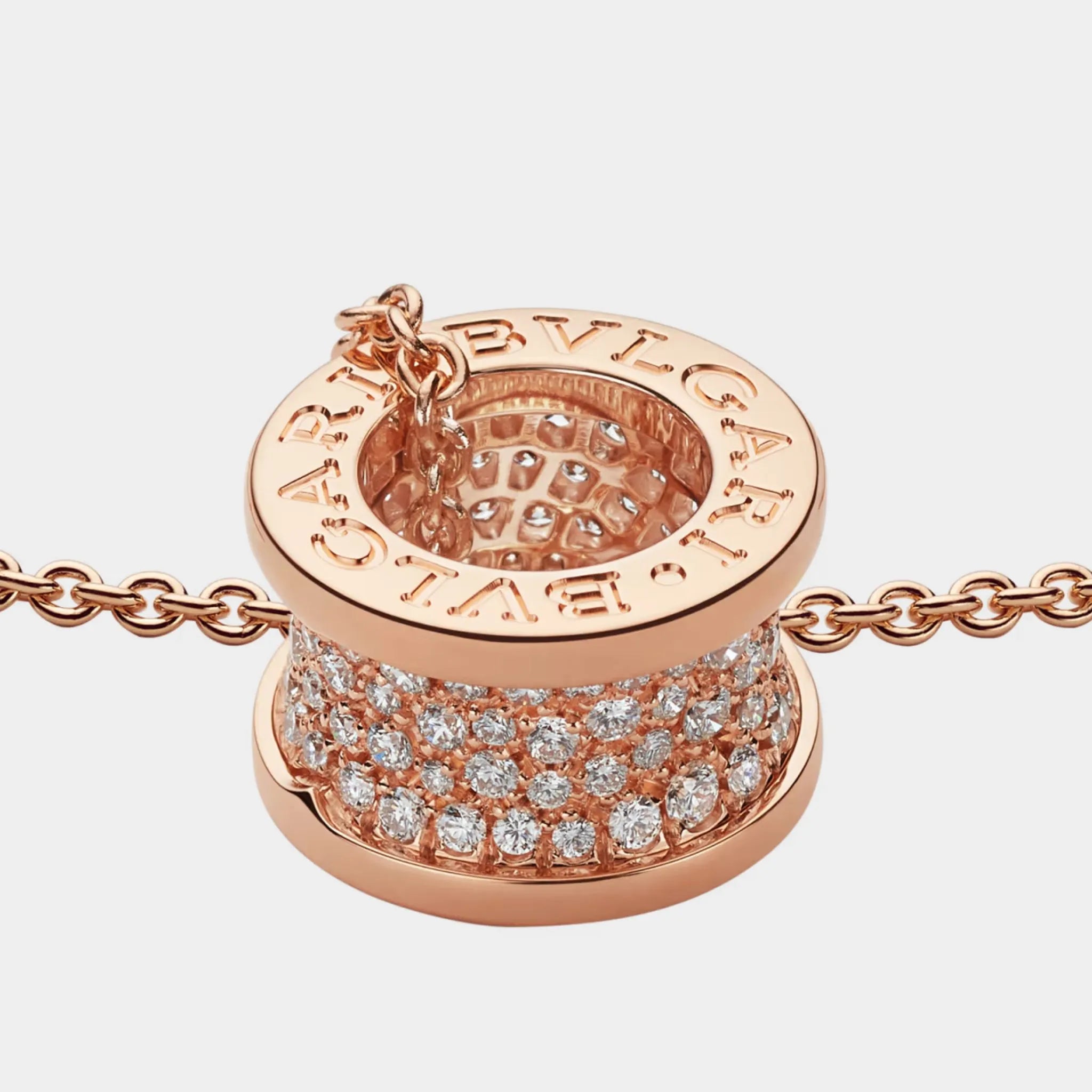 Bvlgari B.zero1 Gold Pendant Necklace-Pavé Diamonds set on spiral, Rose Gold, Closeup