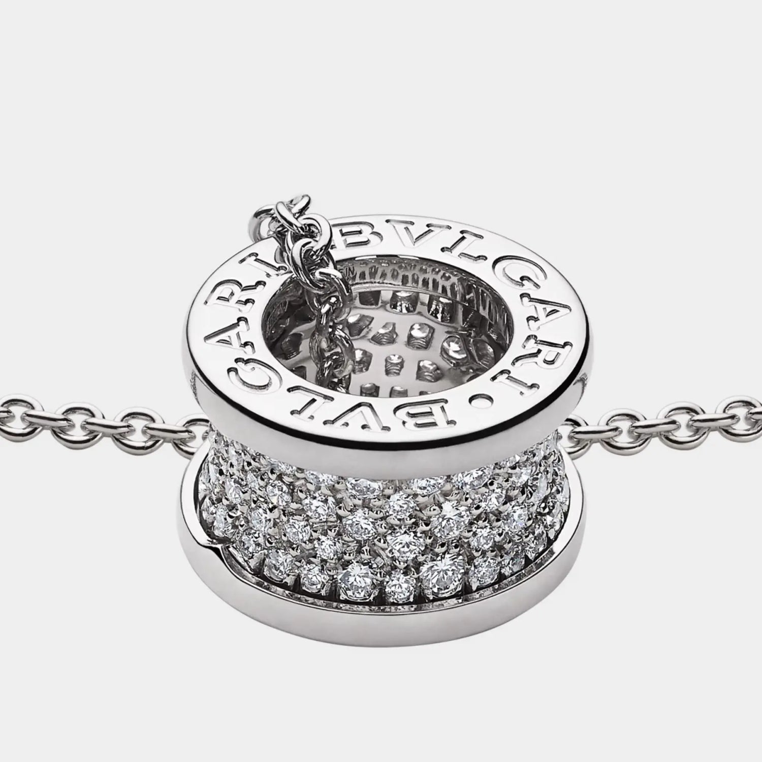 Bvlgari B.zero1 Gold Pendant Necklace-Pavé Diamonds set on spiral, White Gold, Closeup