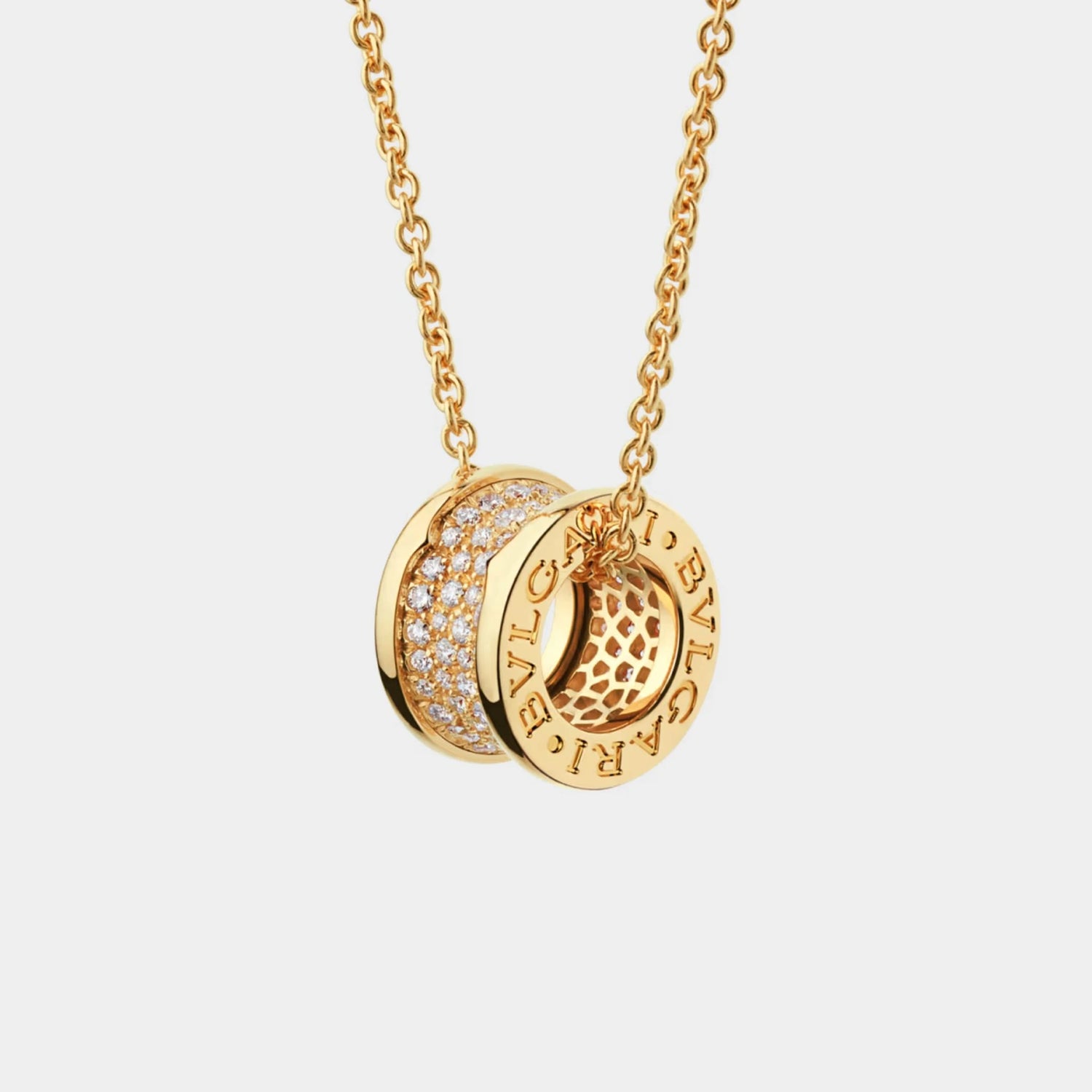 Bvlgari B.zero1 Gold Pendant Necklace-Pavé Diamonds set on spiral, Yellow Gold, Front