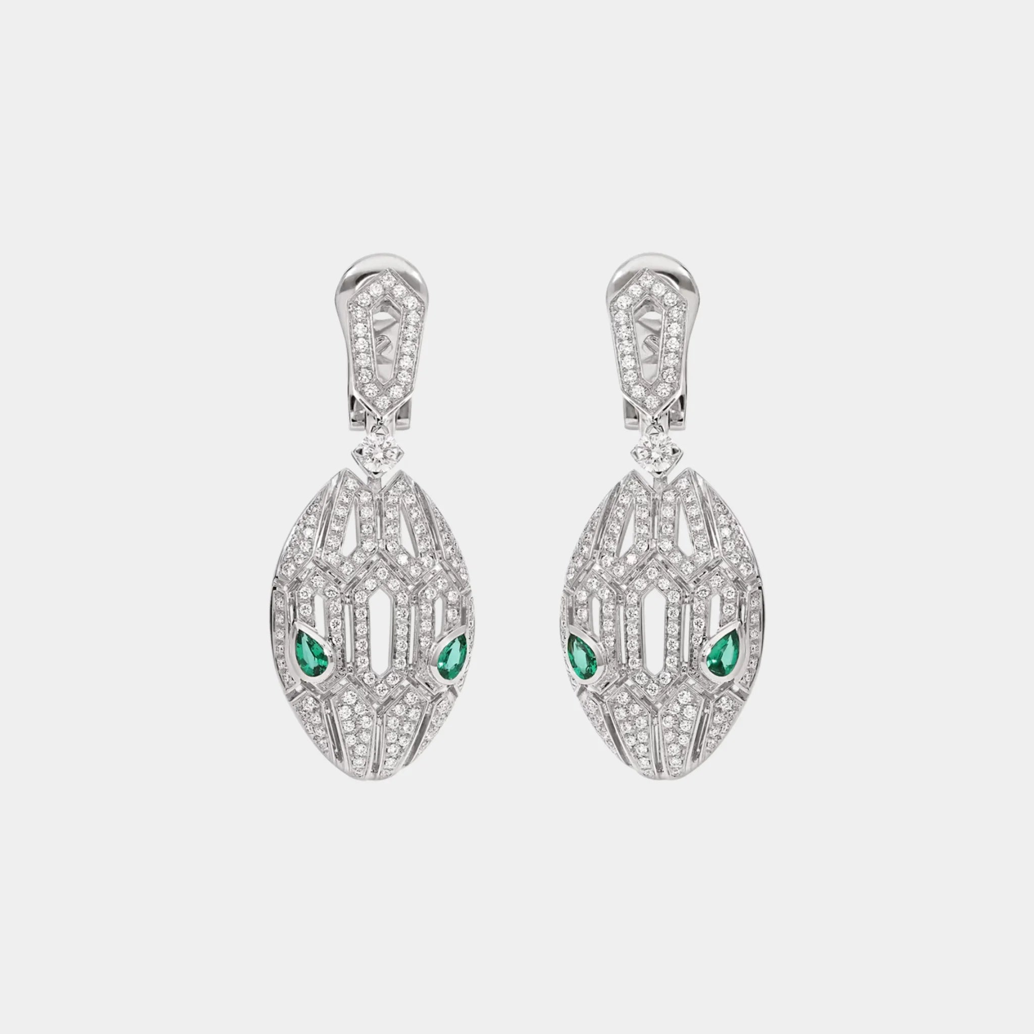 Bvlgari Serpenti Seduttori Earrings with Emerald Eyes &amp; Pave Diamonds, White Gold, Front
