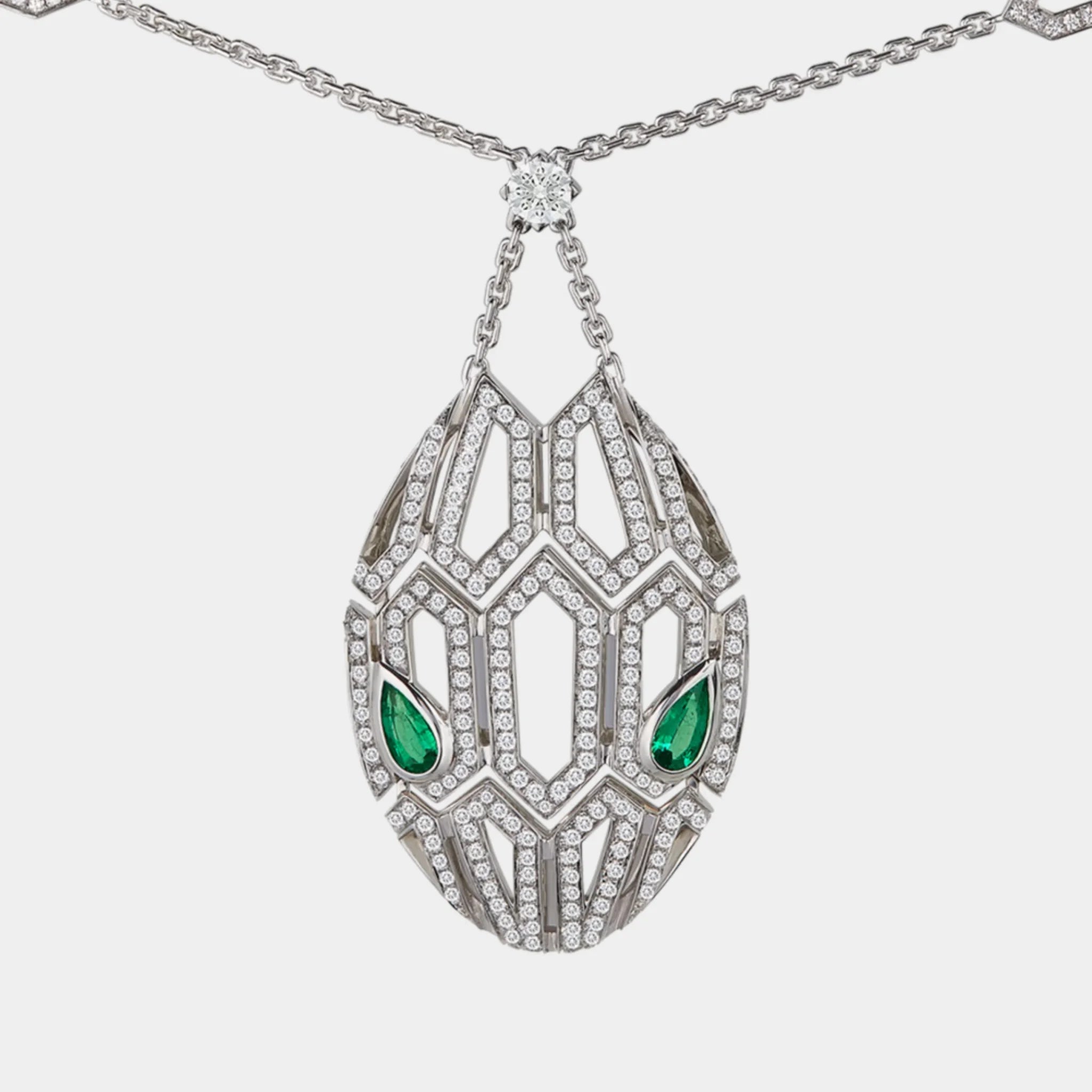 Bvlgari Serpenti Seduttori Pendant Necklace Emerald &amp; Pave Diamonds, White Gold, Close