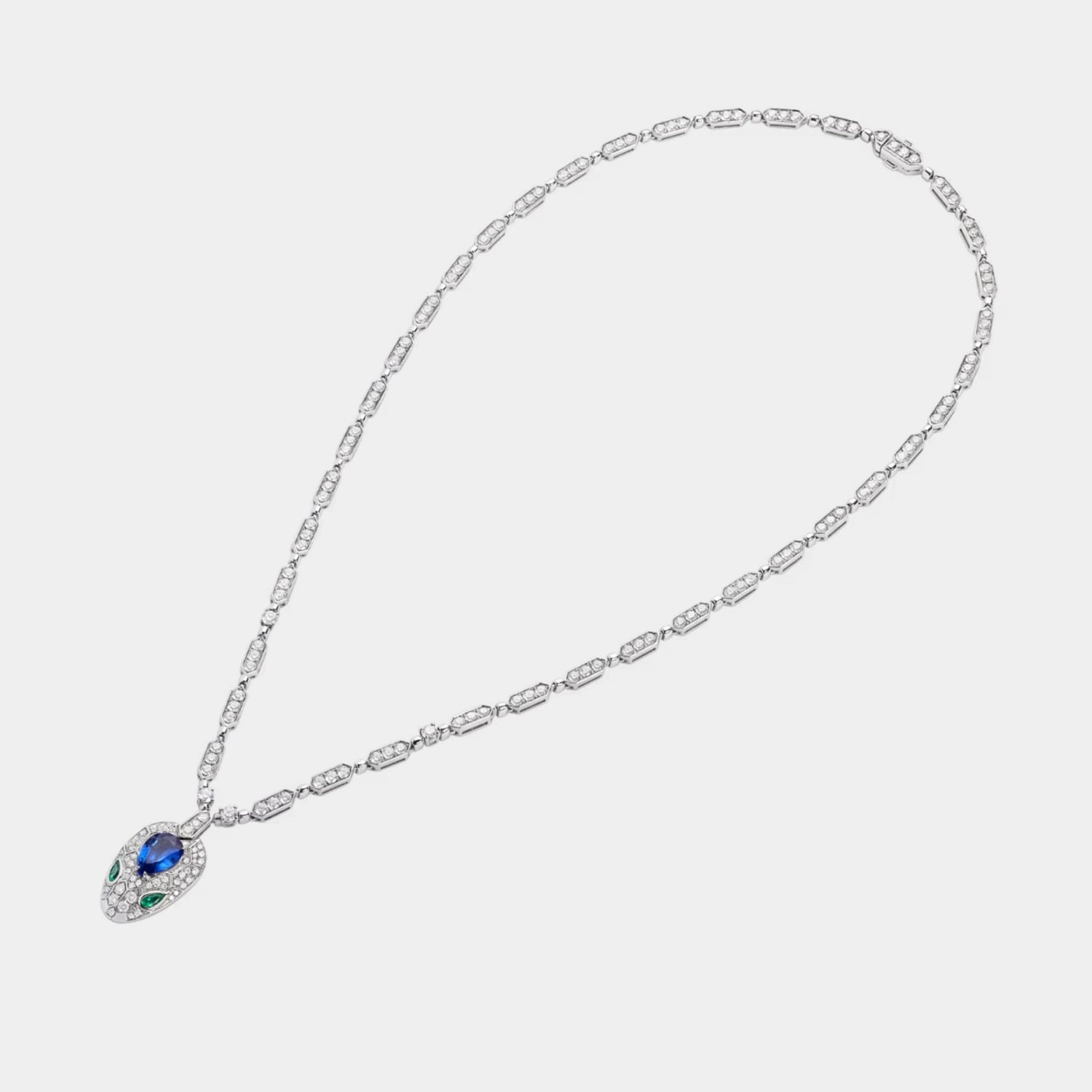 Serpenti White Gold Necklace Emerald/Sapphire, Front, Far
