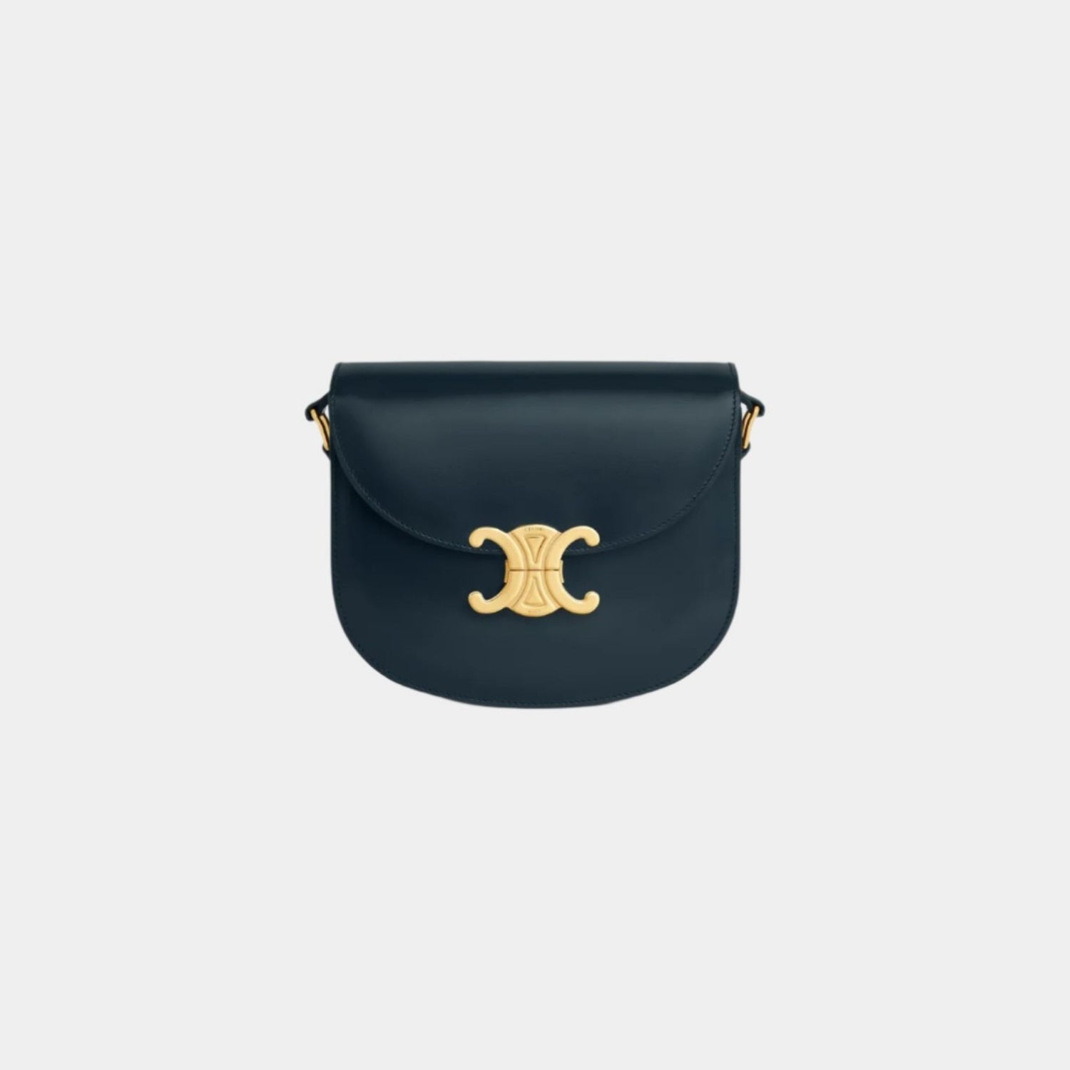 Celine Besace Clea In Shiny Calfskin Handbag, Navy Blue, Front View