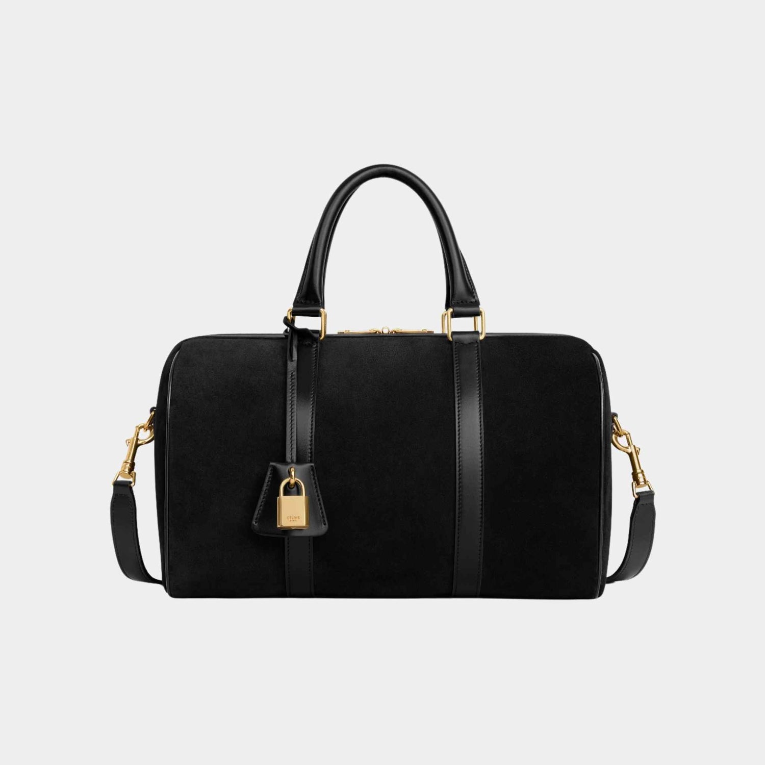 Celine Boston In Suede Calfskin Handbag, Black, Front View