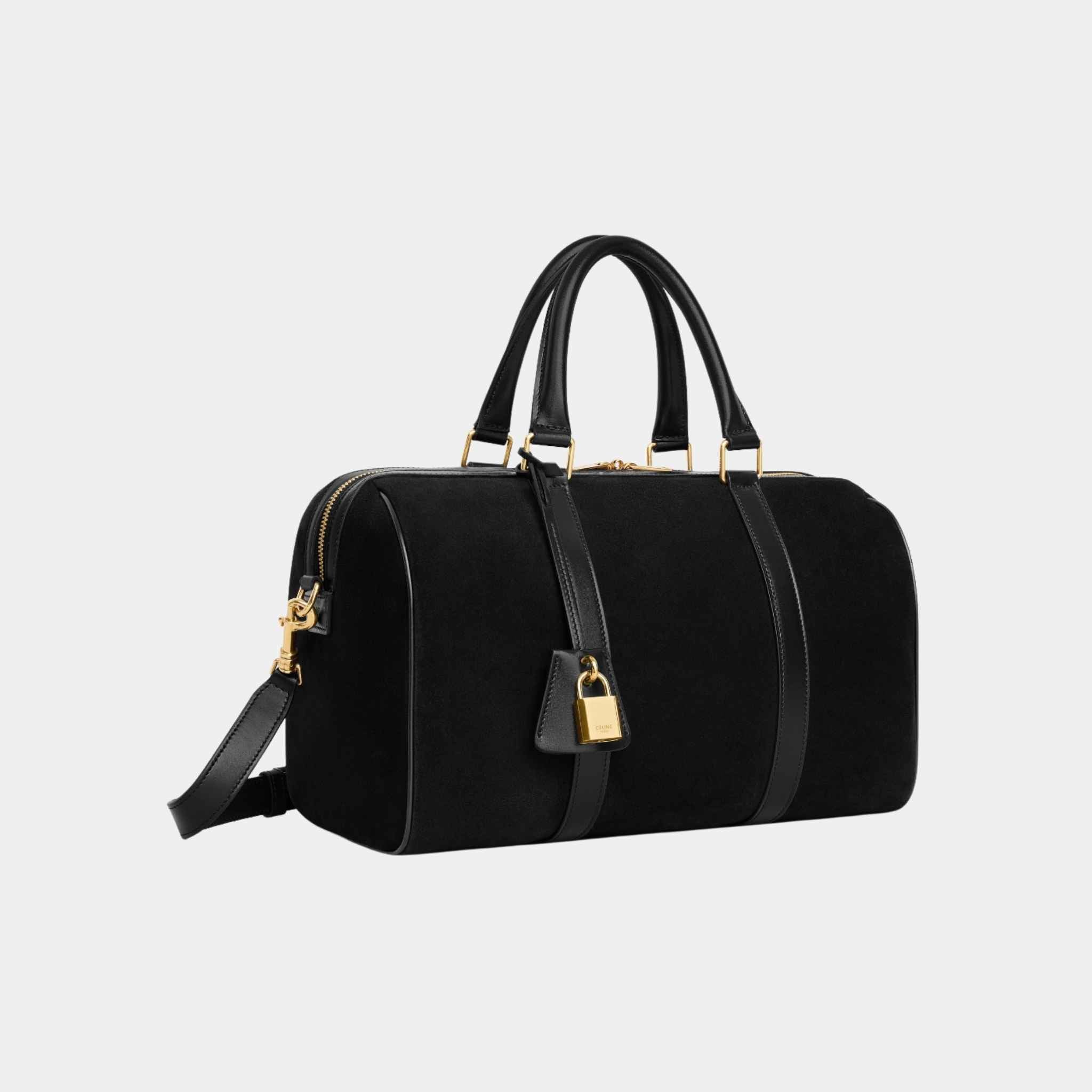 Celine Boston In Suede Calfskin Handbag, Black, Side View