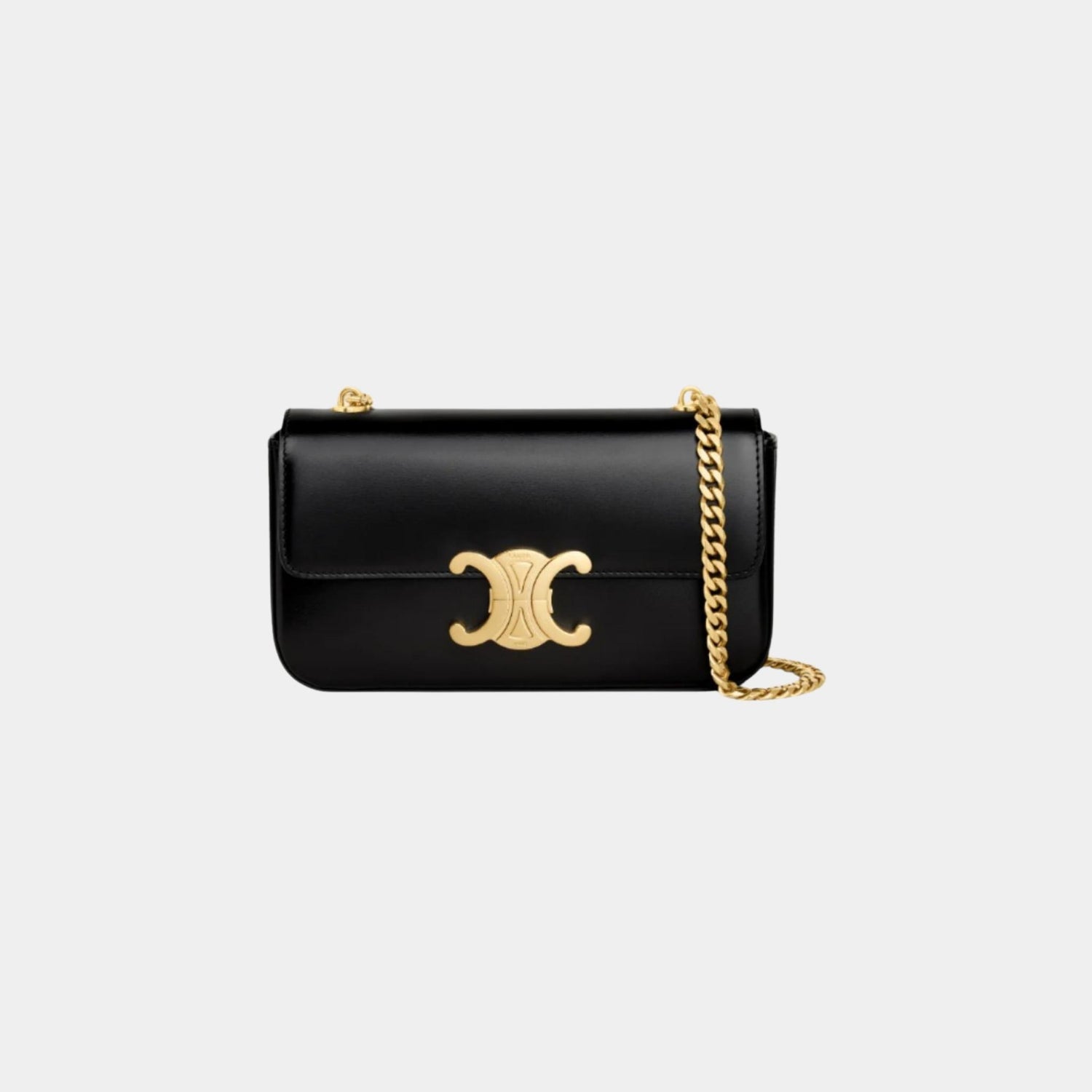 Celine Chain Shoulder Bag Claude In Shiny Calfskin Handbag, Black and Gold, Front View