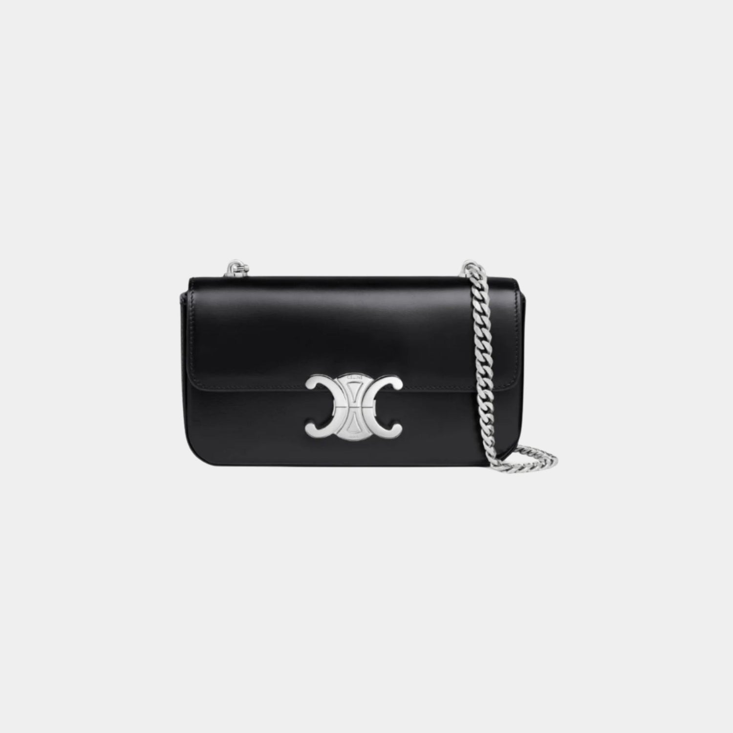 Celine Chain Shoulder Bag Claude In Shiny Calfskin Handbag, Black and Silver, Front View