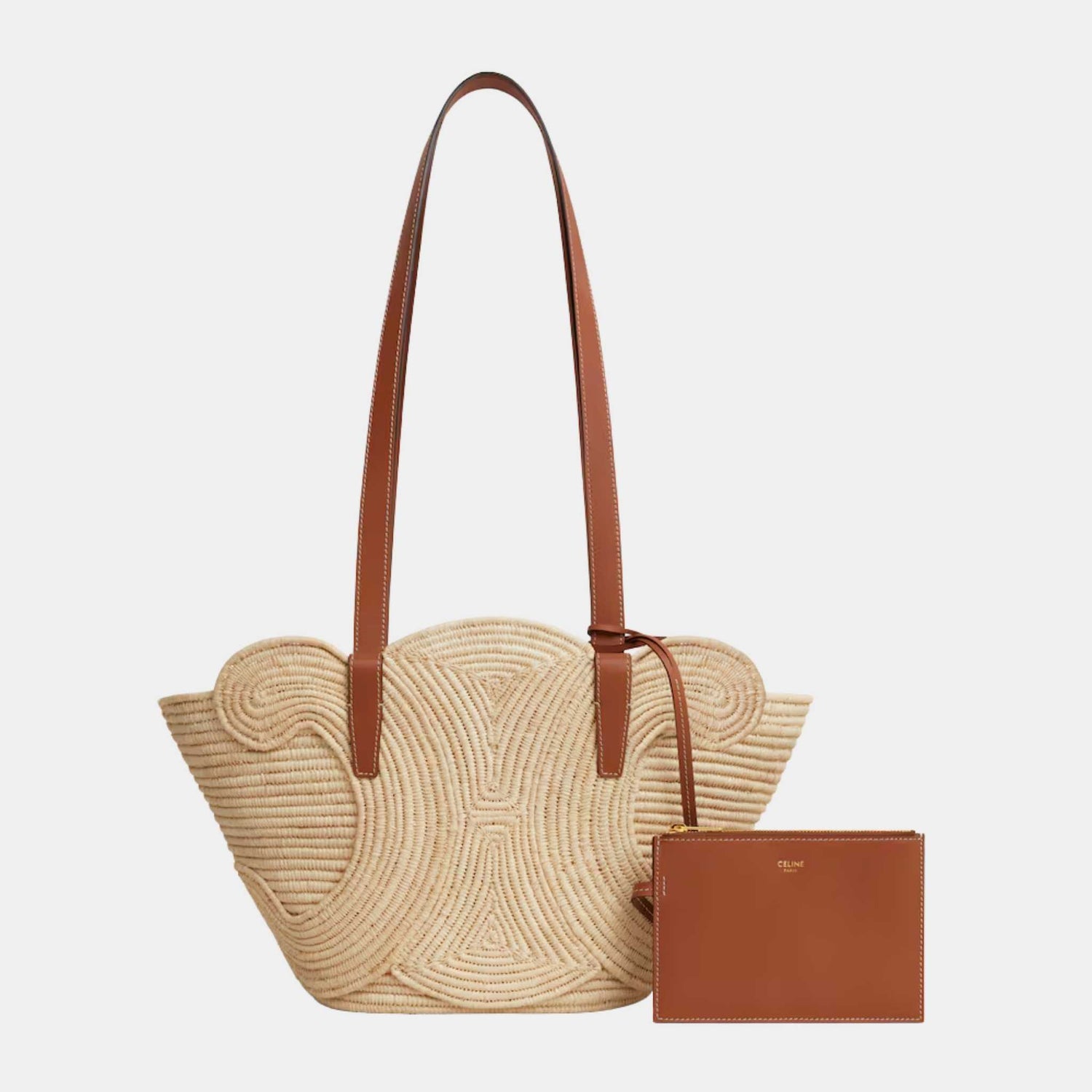 Celine Classic Pannier Small Braided Triomphe in Raffia &amp; Calfskin, Tan, Set