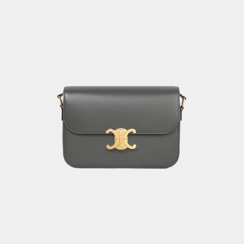 Celine Classique Triomphe Bag In Shiny Calfskin Handbag, Anthracite Color, Front View