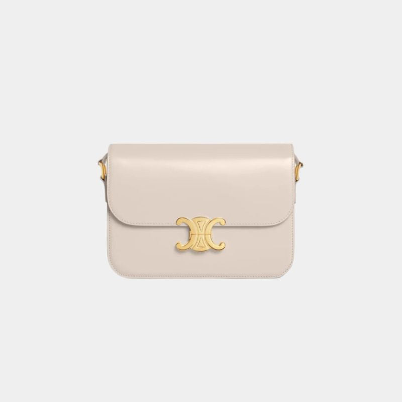 Celine Classique Triomphe Bag In Shiny Calfskin Handbag, Pale Beige Color, Front View