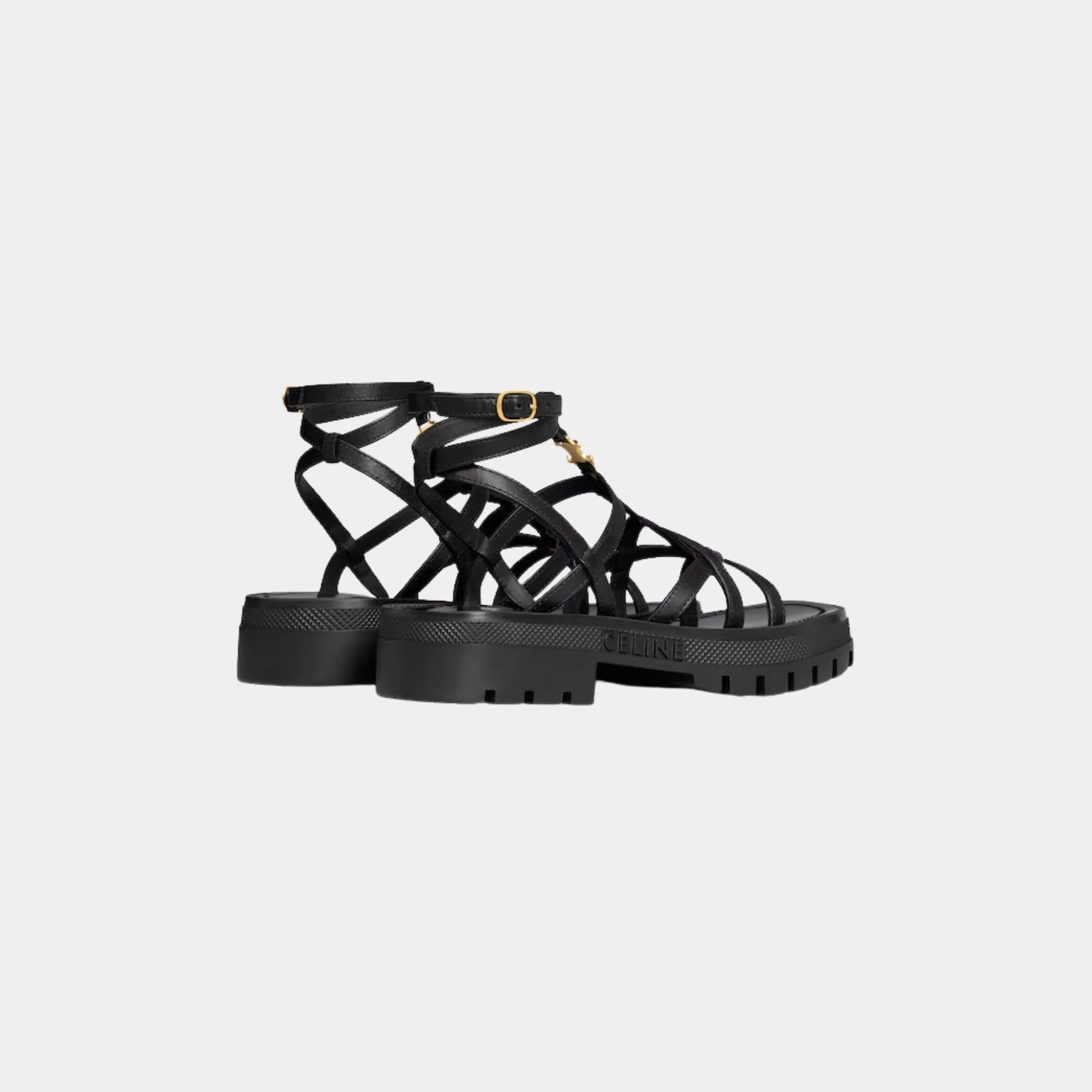 Celine Clea Triomphe Strappy Sandal in Calfskin, Black, Back