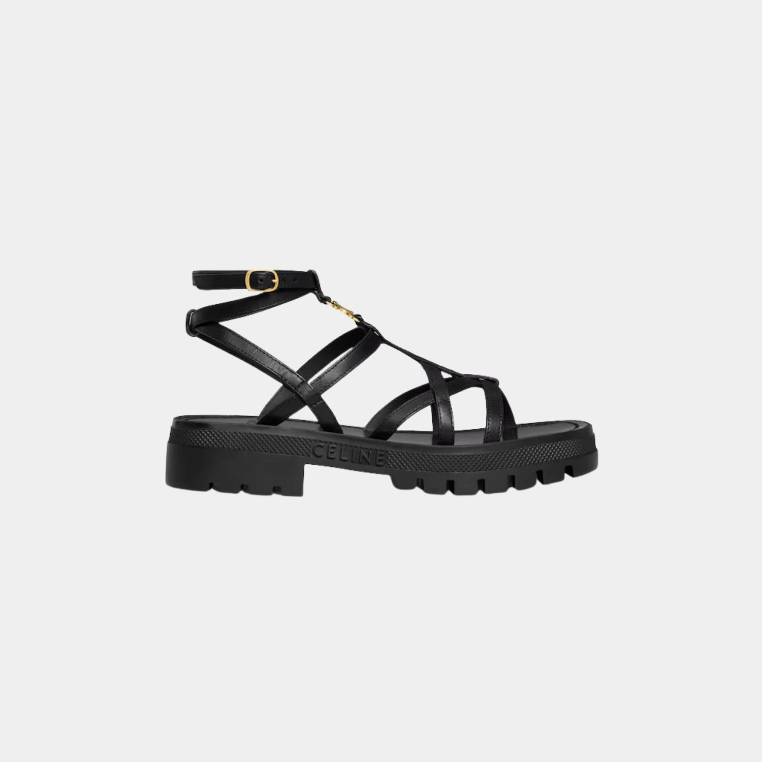Celine Clea Triomphe Strappy Sandal in Calfskin, Black, Side