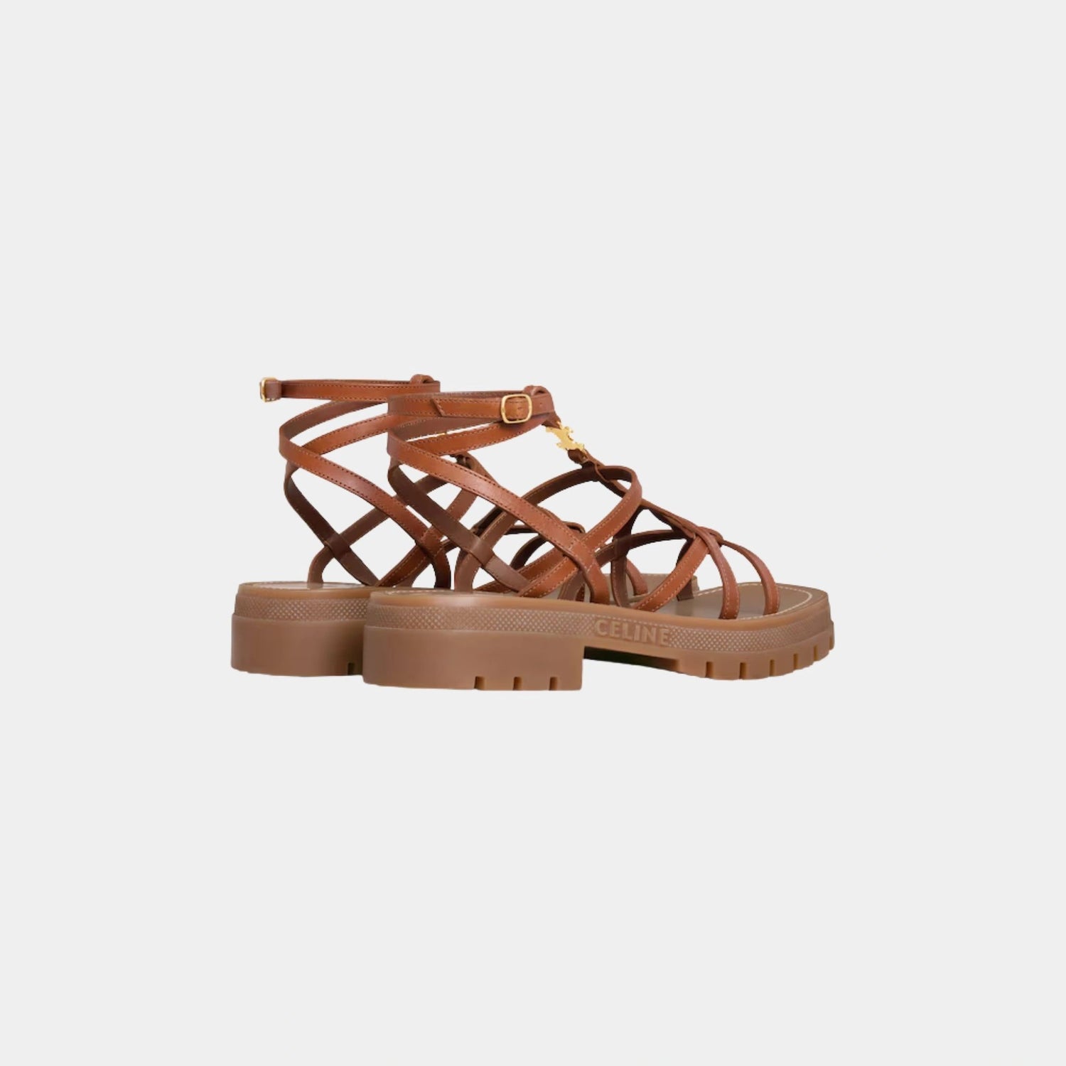 Celine Clea Triomphe Strappy Sandal in Calfskin, Tan, Back