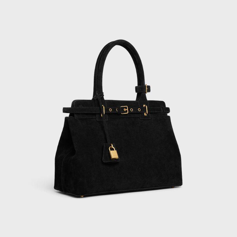 Celine Conti Bag In Suede Calfskin Handbag, Black Collar, Side View