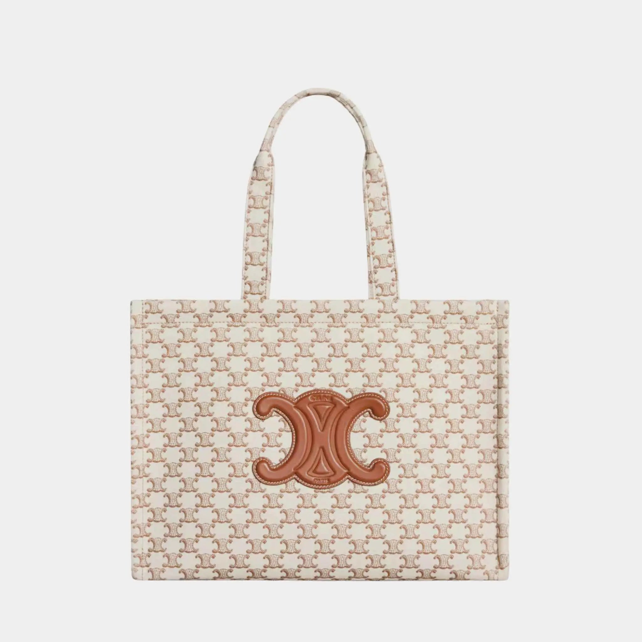 Celine Large Cabas Thais Textile with Triomphe Print &amp; Calfskin, White, Front