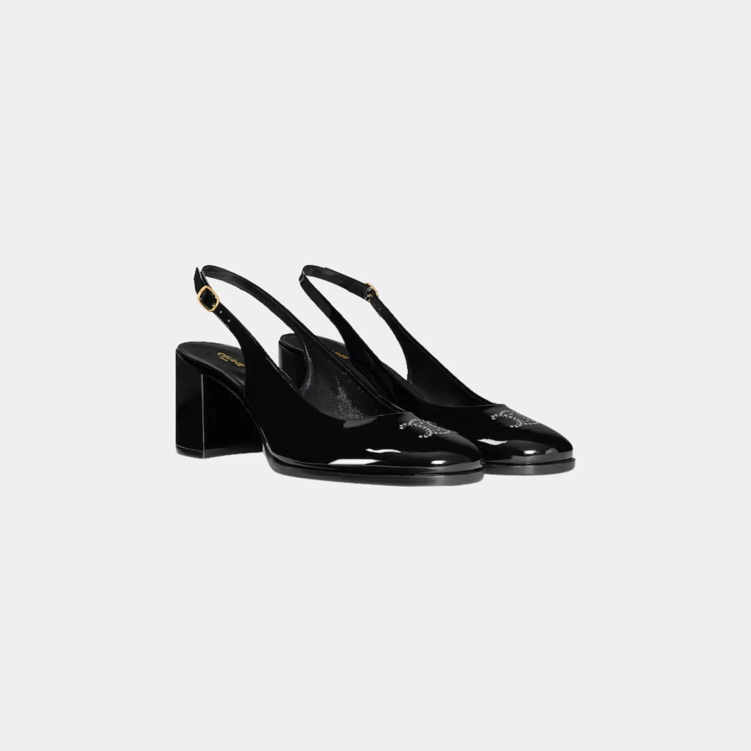 Celine Lily Perforated Triomphe Slingback in Patent Calfskin, Black, Front
