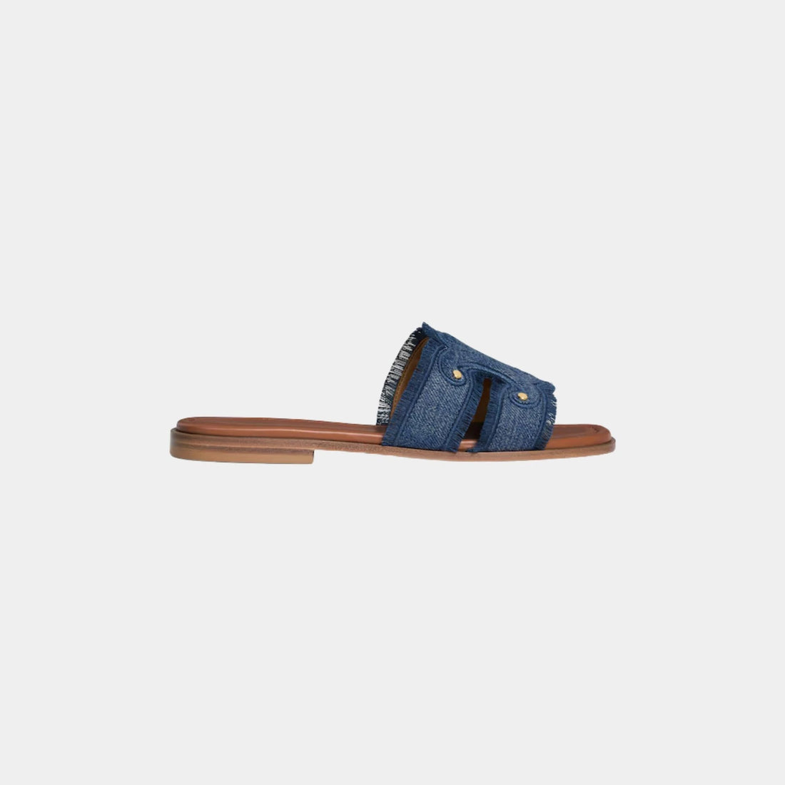 Celine Marina Fringed Mule in Denim, Blue, Side