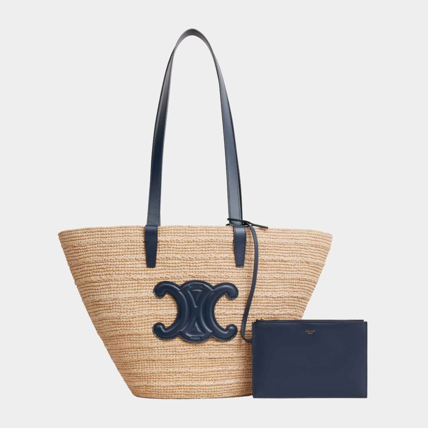 Celine Medium Supple Classic Panier In Raffia And Calfskin Handbag, Navy Blue, Full View