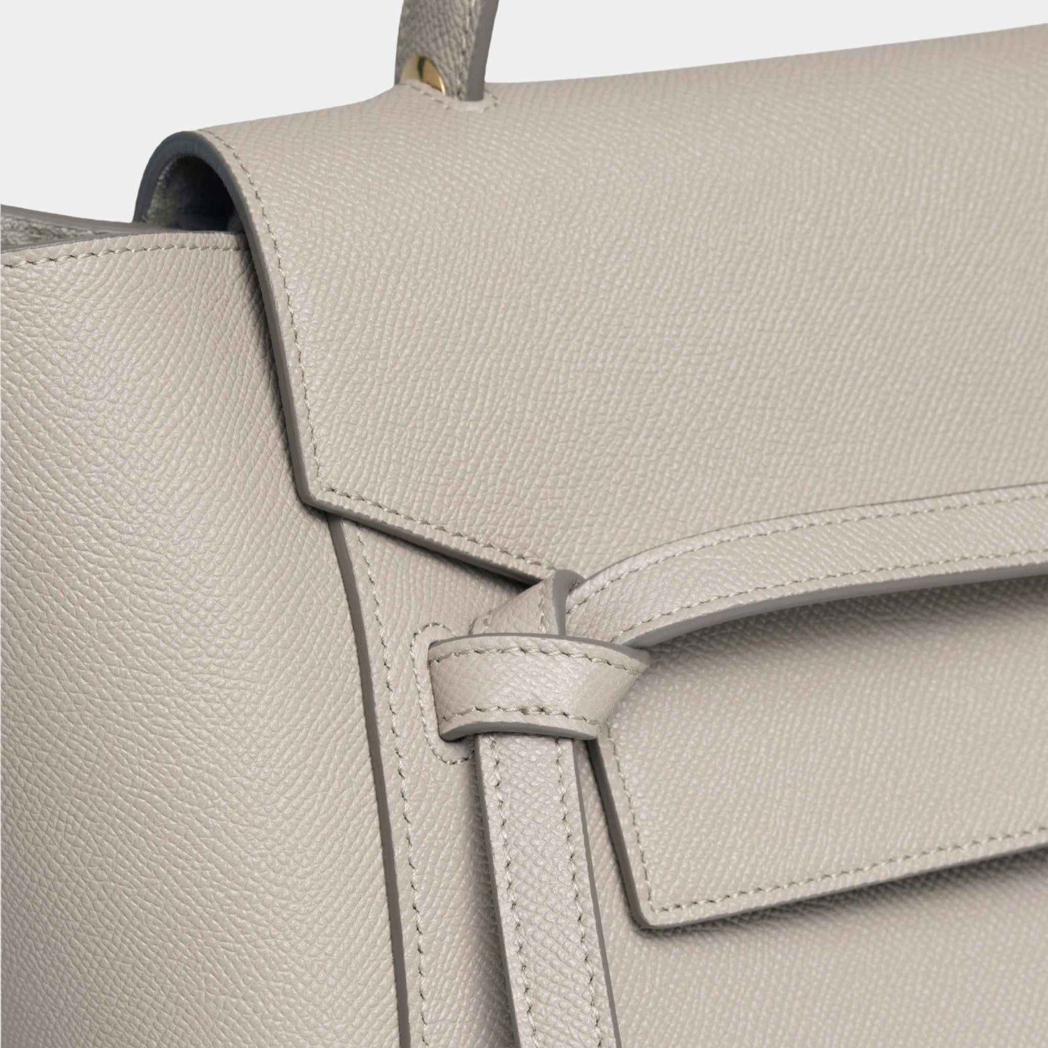 Celine Mini Belt Bag In Grained Calfskin Handbag, Grey, Close Up View