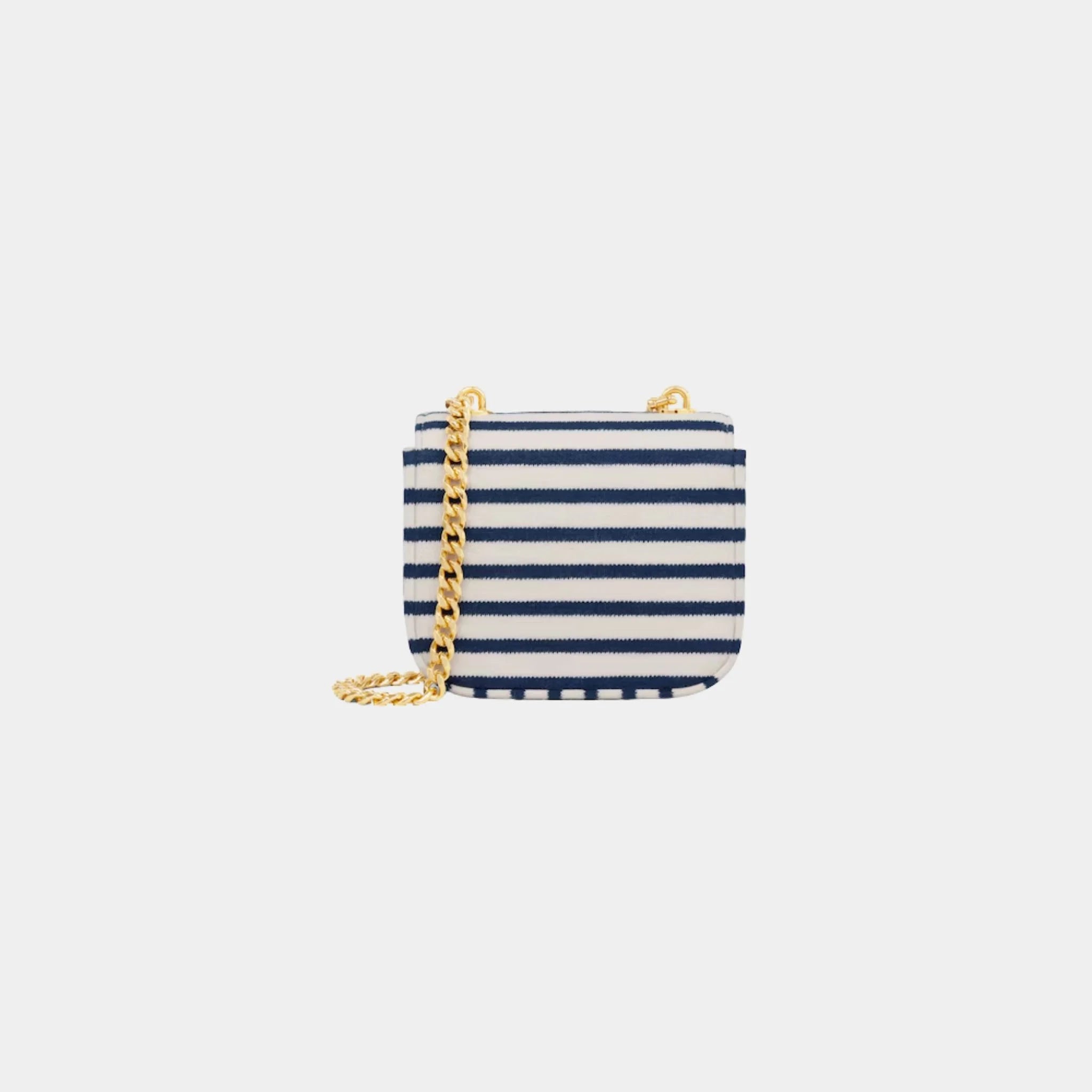 Celine Mini Chain Claude in Striped Textile, Navy, Tan, Back