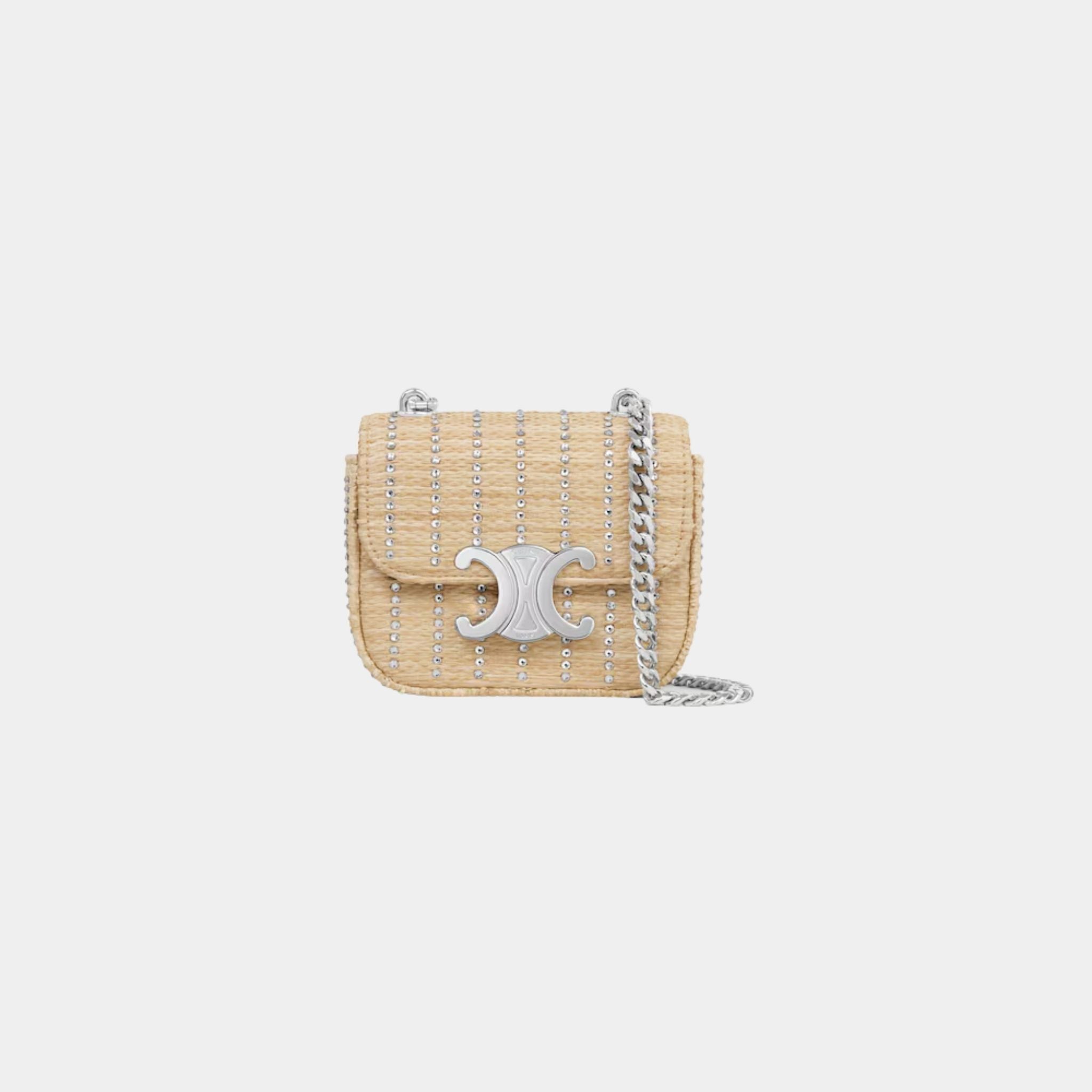 Celine Mini Chaine Claude in Raffia Effect Textile with Strass, Naturel, Front