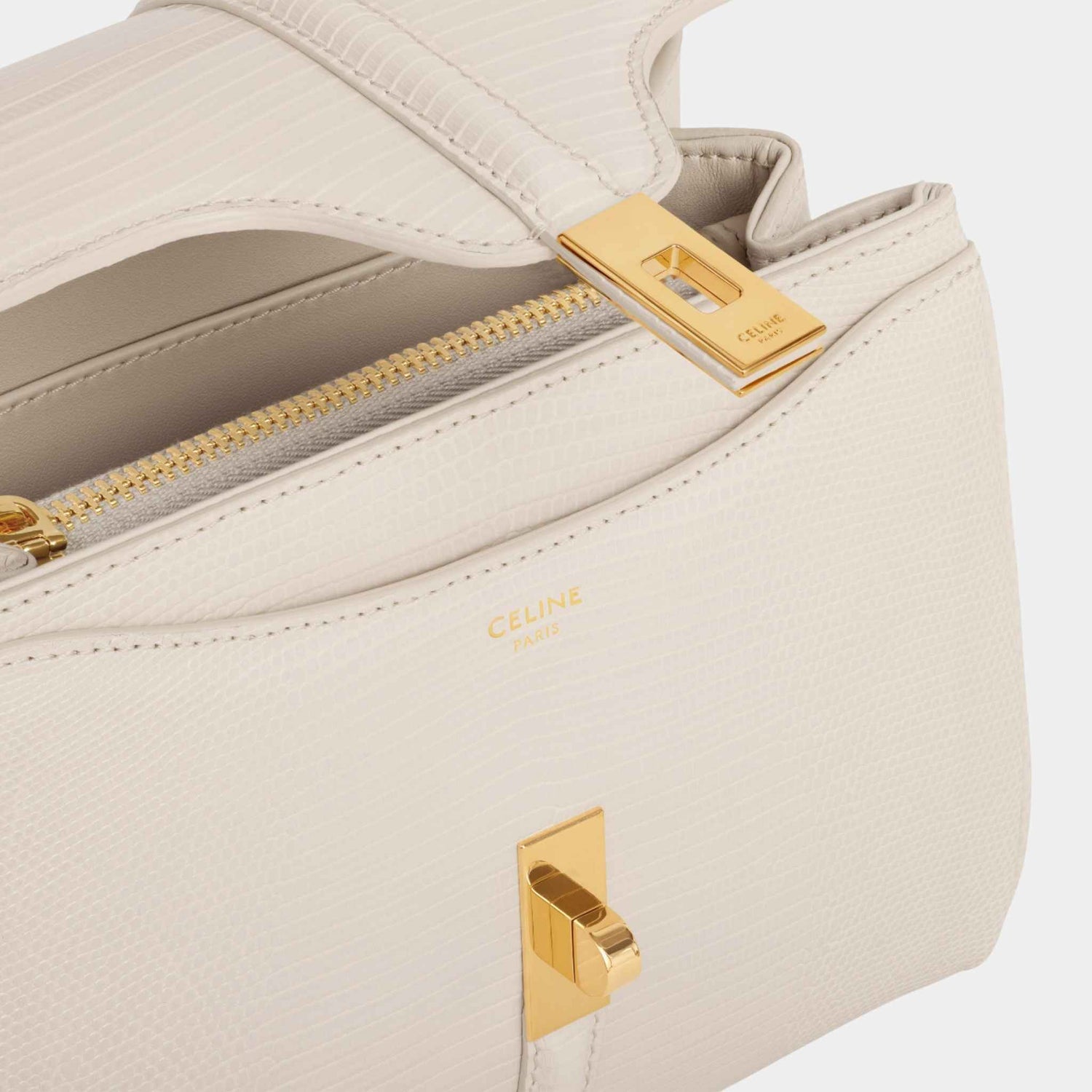 Celine Mini 16 In Lizard Handbag, Pale Beige, Close View