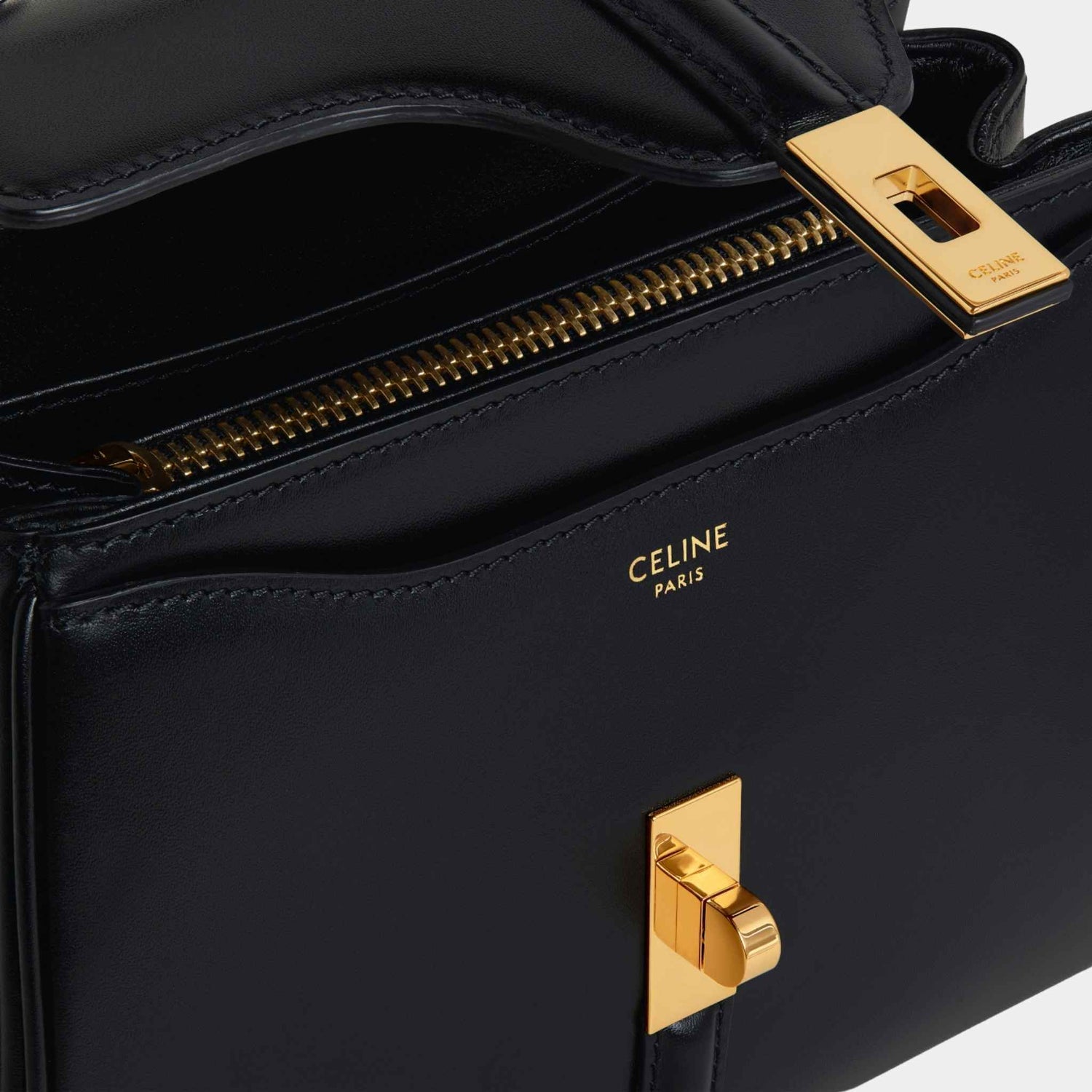 Celine Mini 16 In Satinated Calfskin Handbag, Black, Close View