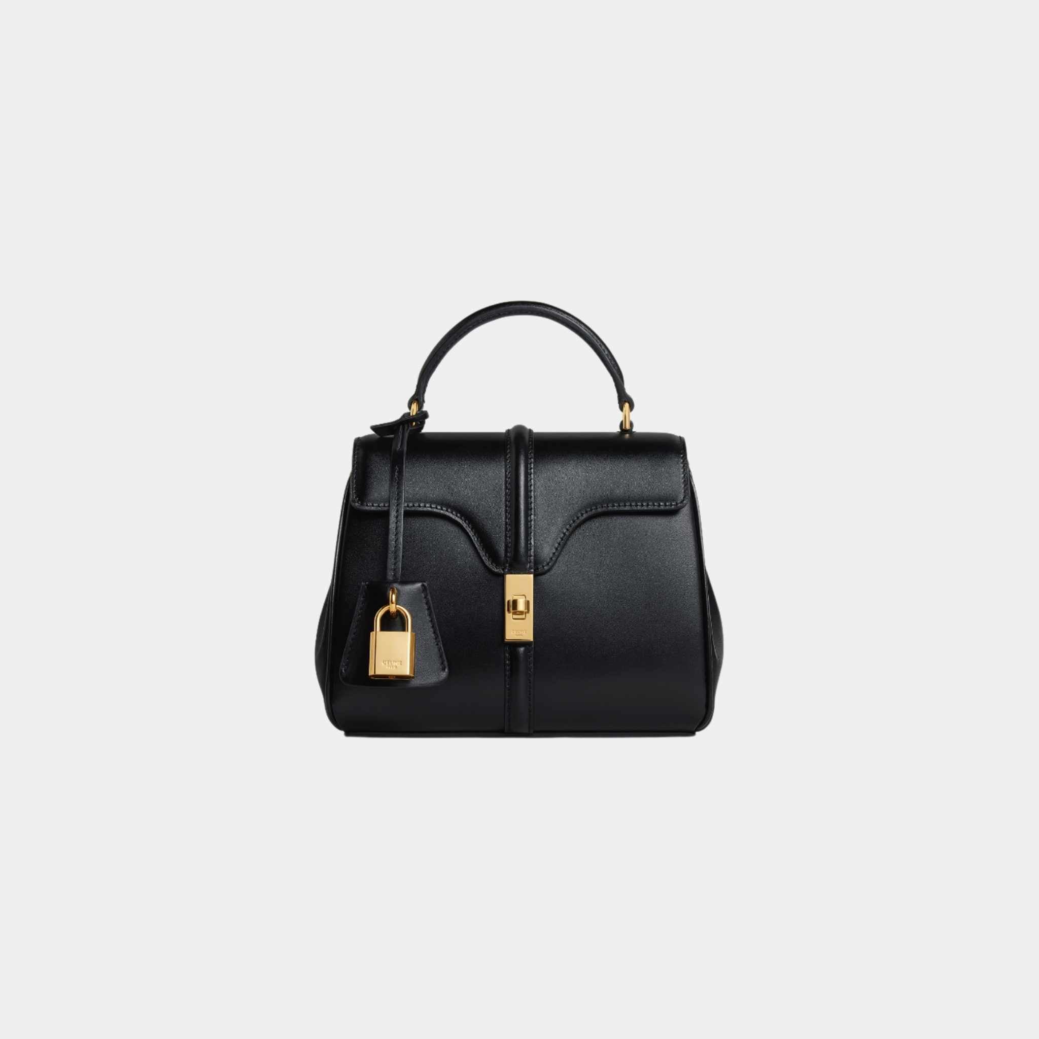 Celine Mini 16 In Satinated Calfskin Handbag, Black, Front View