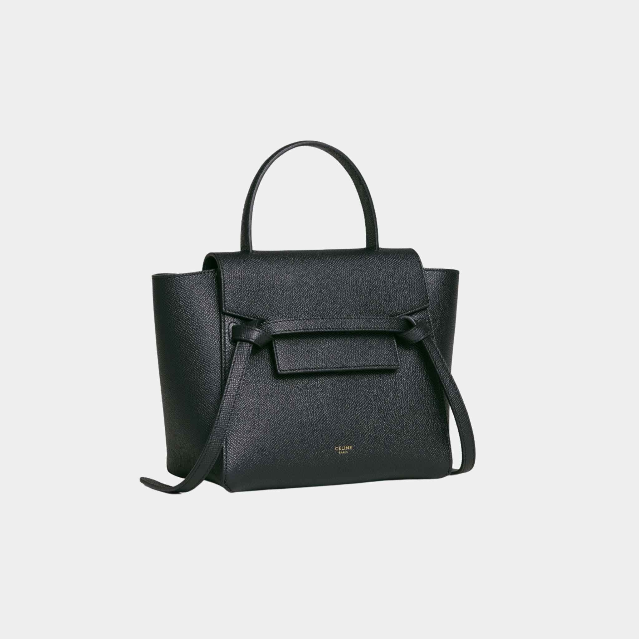 Celine Nano Belt Bag In Grained Calfskin Handbag, Black, Side View