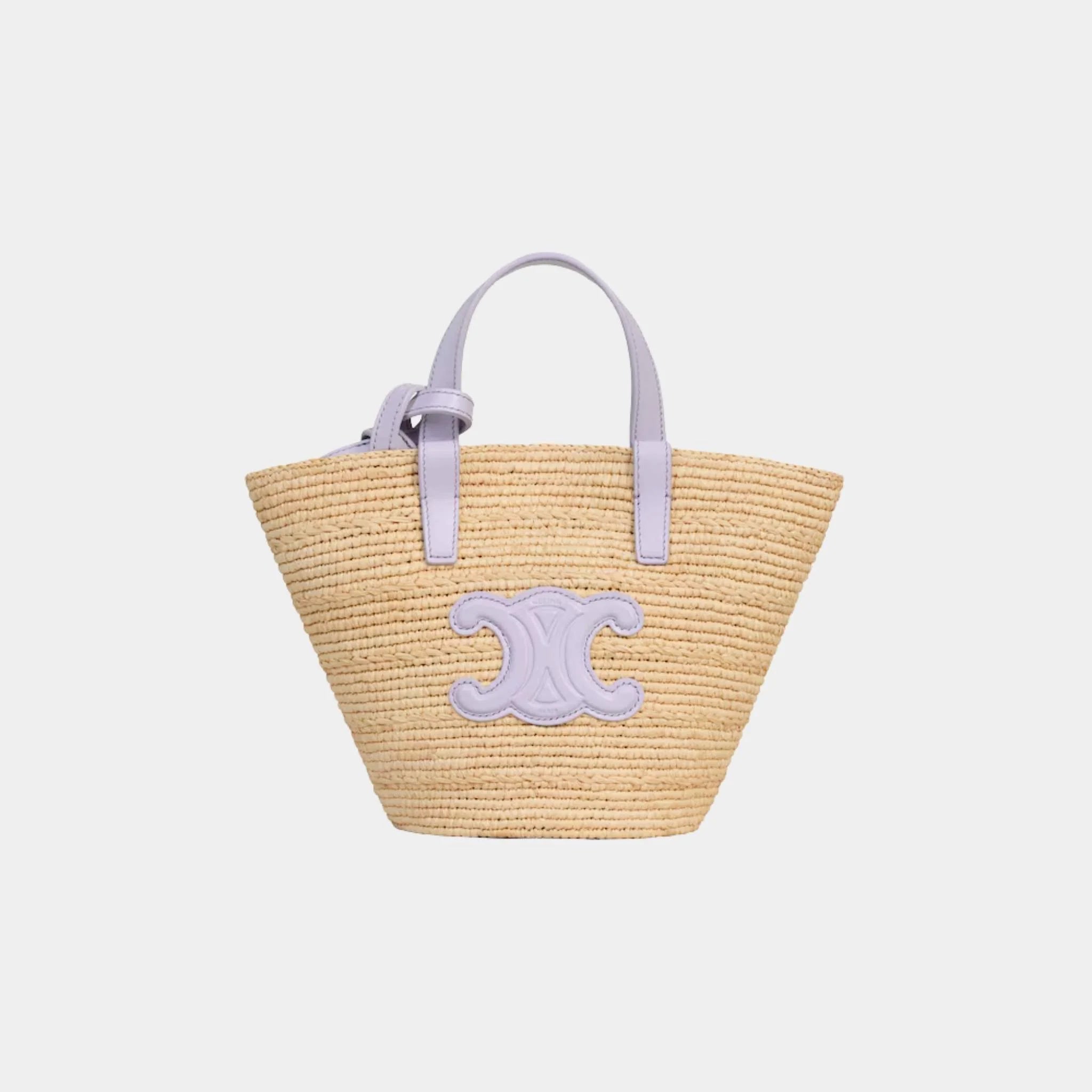 Celine Nano Supple Celine Classic Panier in Raffia and Calfskin, Pastel Mauve, Front