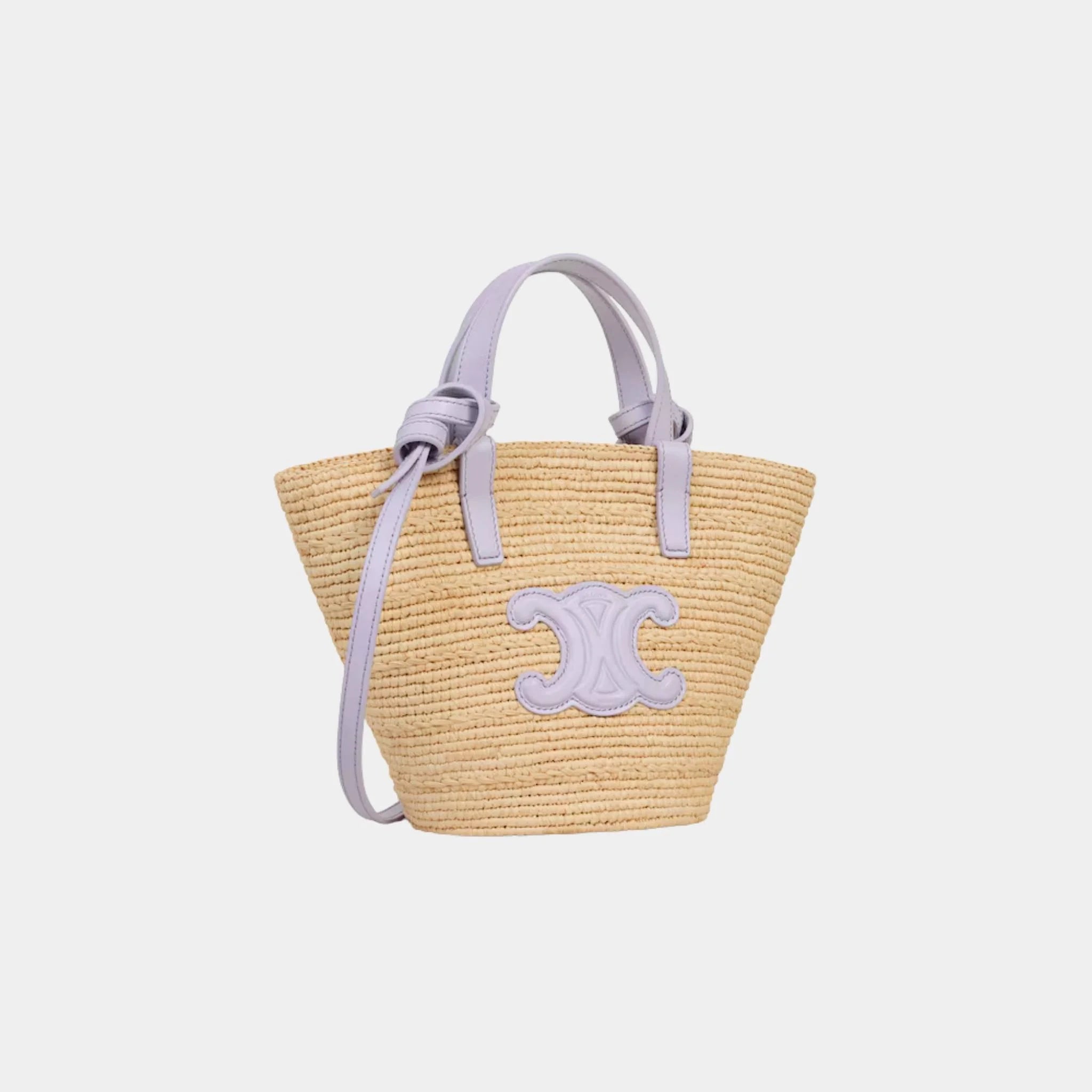 Celine Nano Supple Celine Classic Panier in Raffia and Calfskin, Pastel Mauve, Side