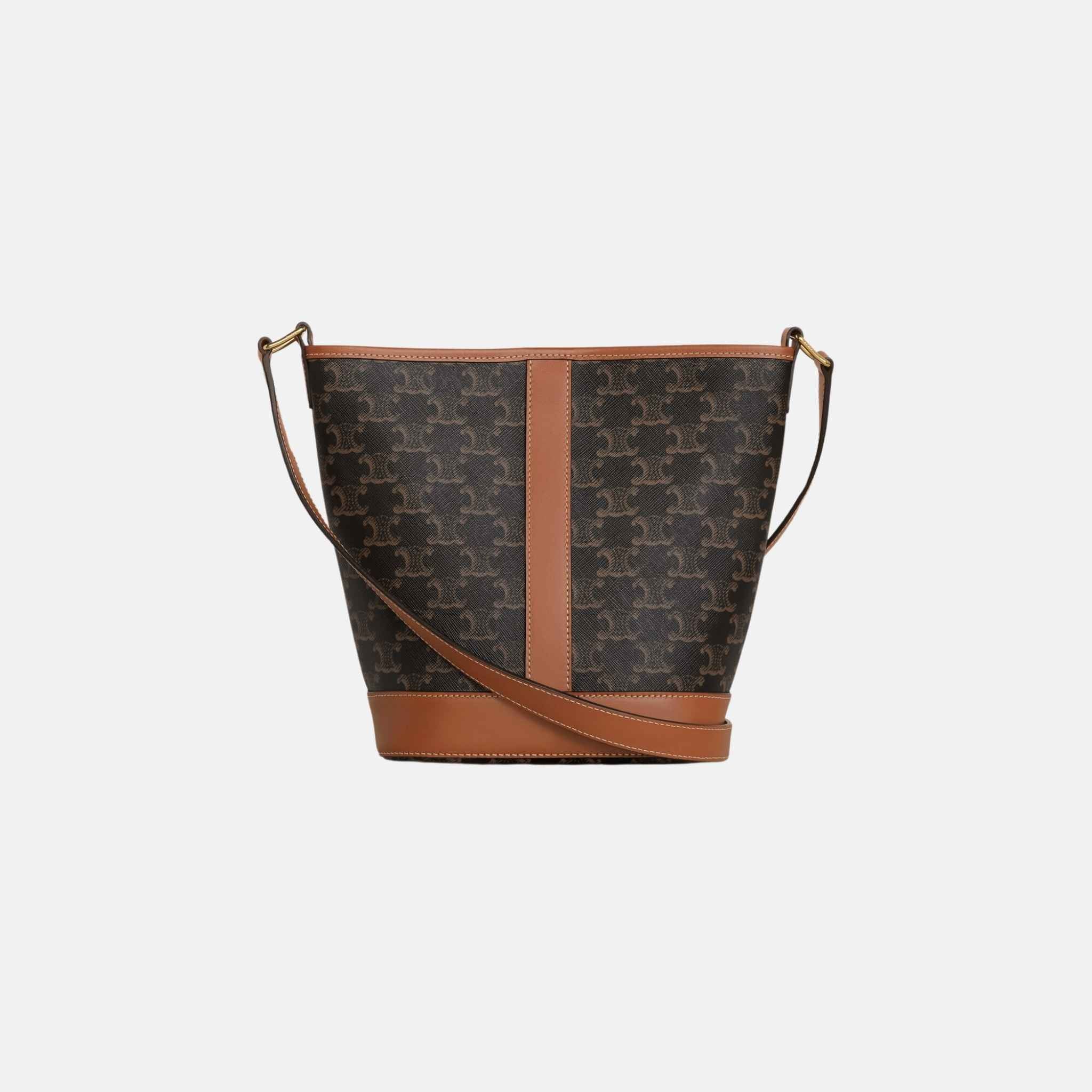 Celine Small Bucket In Triomphe Canvas And Calfskin Handbag, Tan, Side View