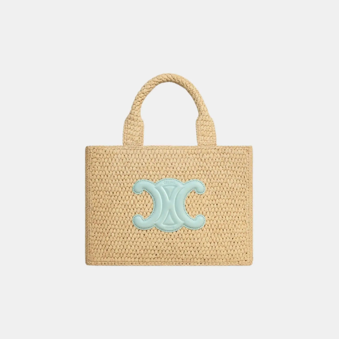 Celine Small Cabas Thais in Raffia and Calfskin, Light Acqua, Front