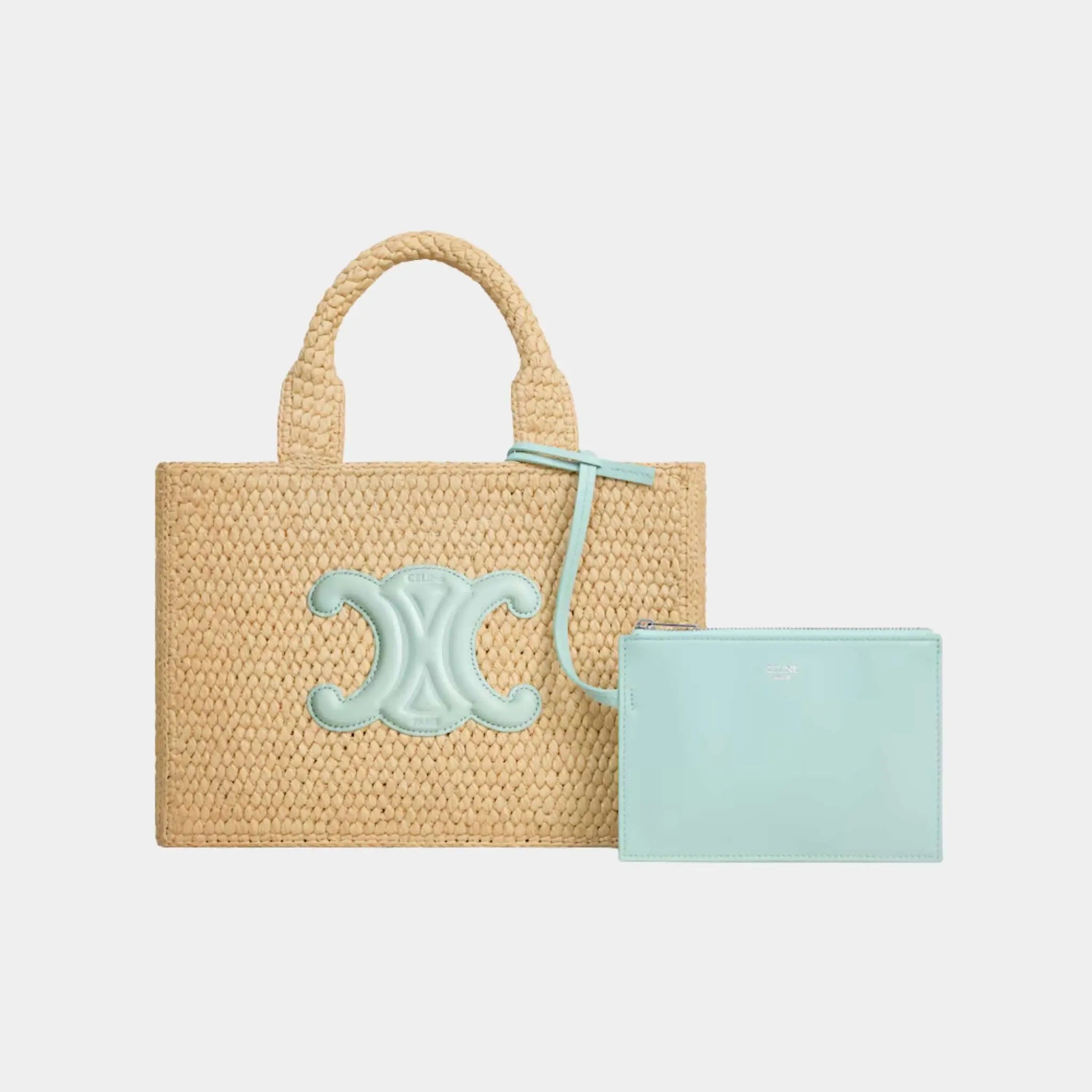 Celine Small Cabas Thais in Raffia and Calfskin, Light Acqua, Set