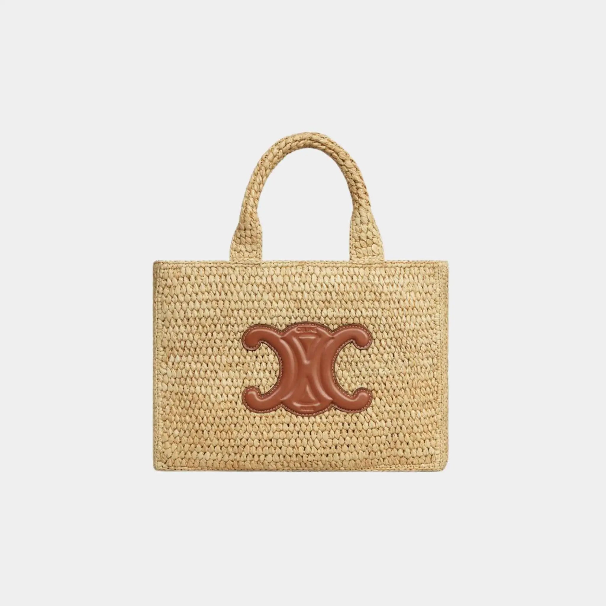 Celine Small Cabas Thais in Raffia and Calfskin, Tan, Front