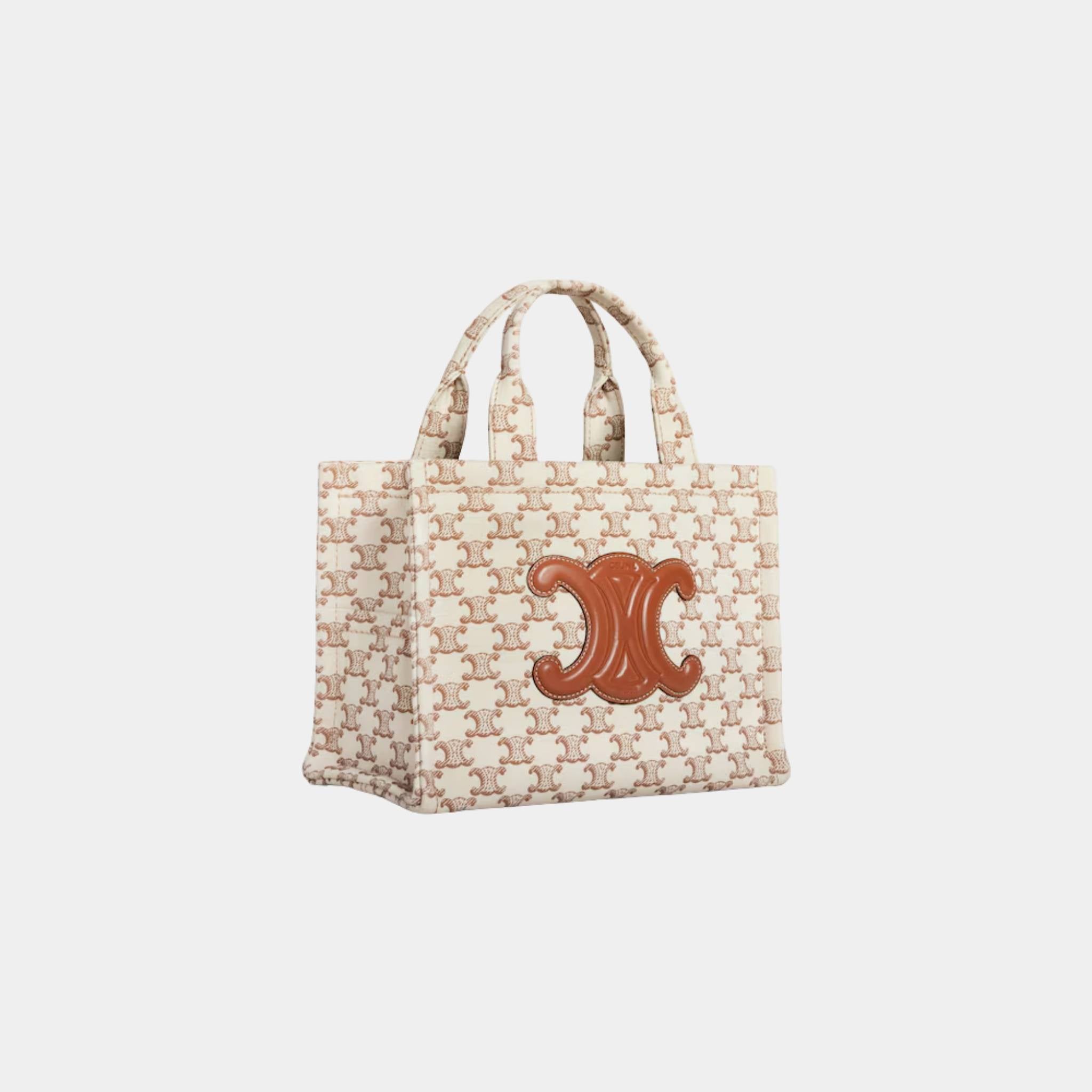 Celine Small Cabas Thais Textile with Triomphe Canvas &amp; Calfskin, White, Side