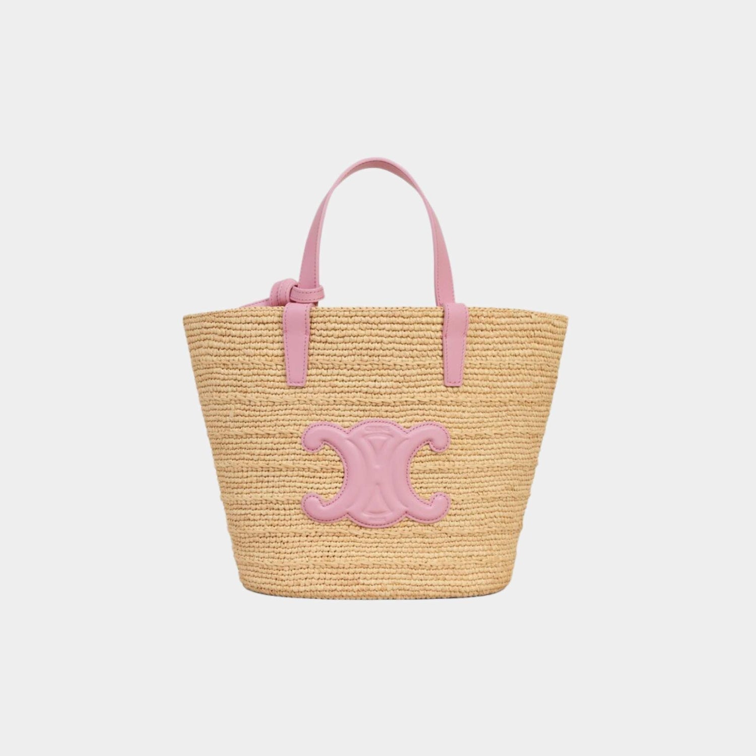 Celine Teen Supple Celine Classic Panier In Raffia And Calfskin Bag, Pink, Front