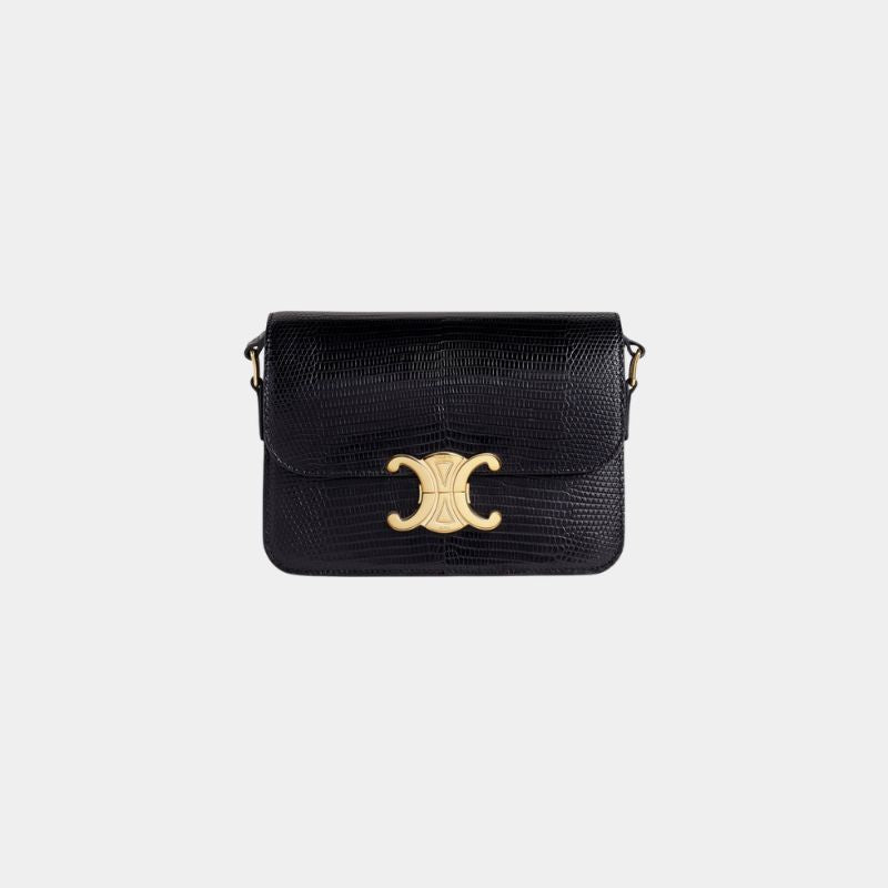 Celine Teen Triomphe Bag In Lizard Handbag, Blacktwo, FrontView