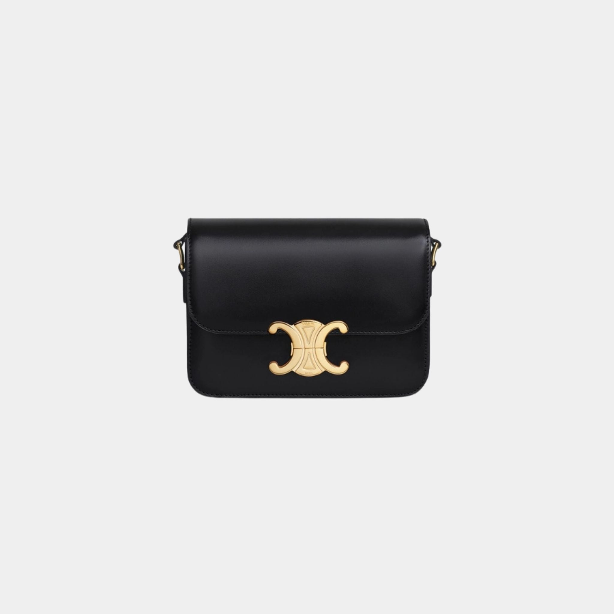 Celine Teen Triomphe Bag In Shiny Calfskin Handbag, Black II, Front View