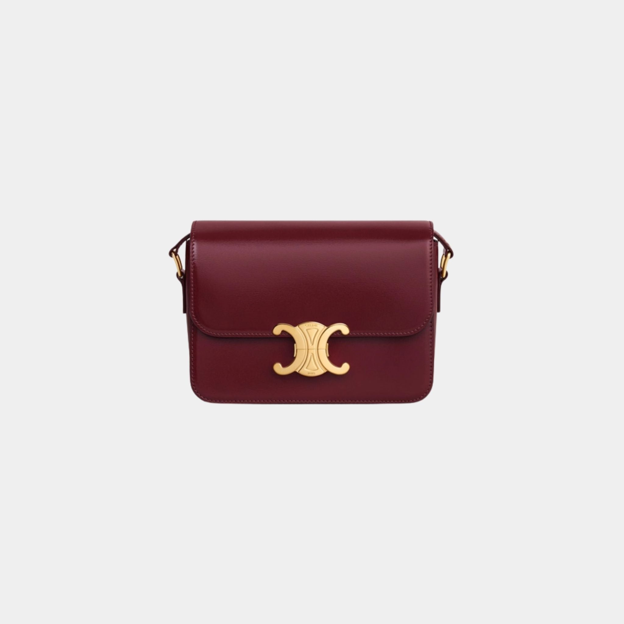 Celine Teen Triomphe Bag In Shiny Calfskin Handbag, Burgundy, Front View